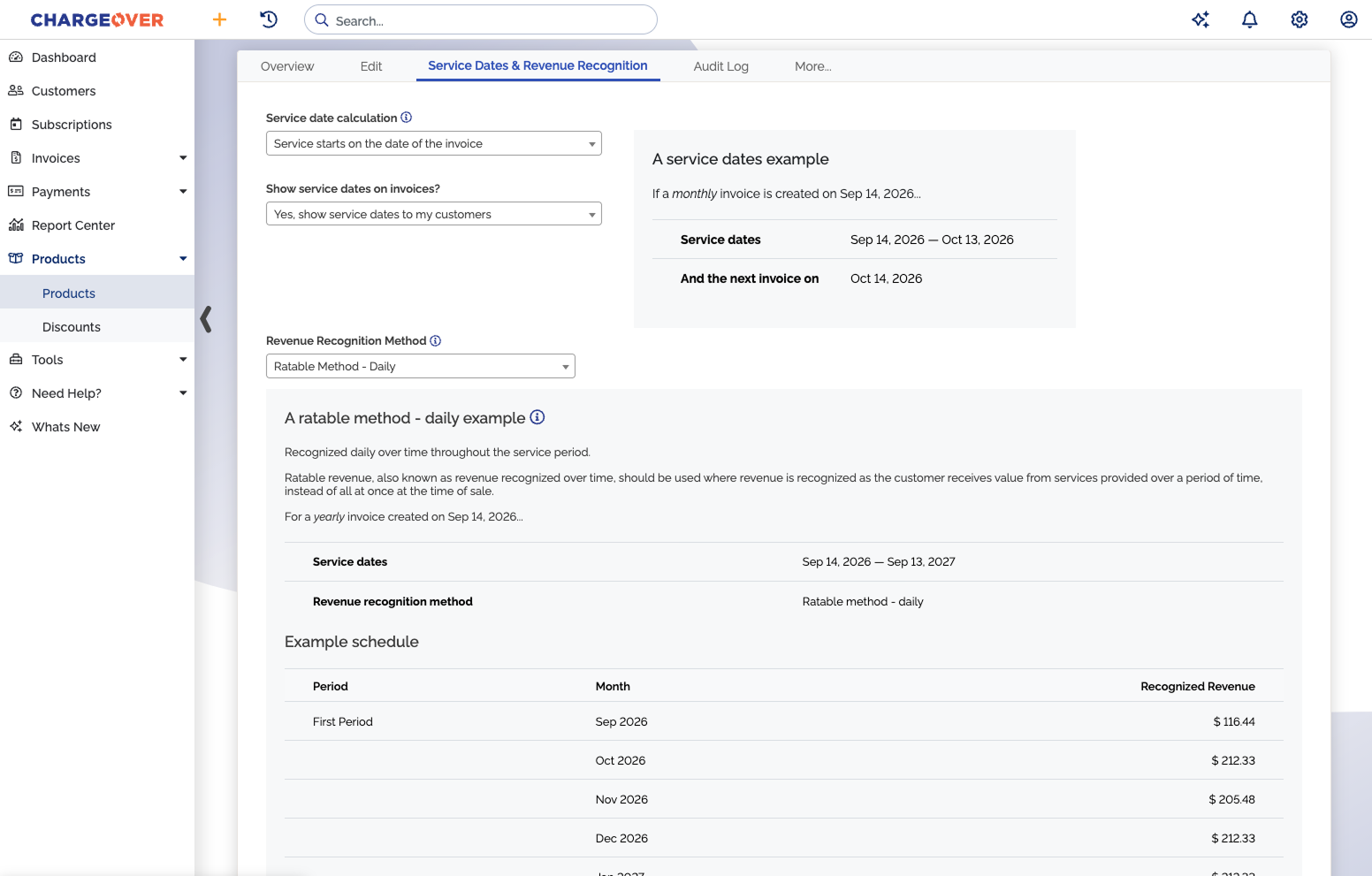 A revenue recognition schedule in ChargeOver showing deferred and recognized revenue by period