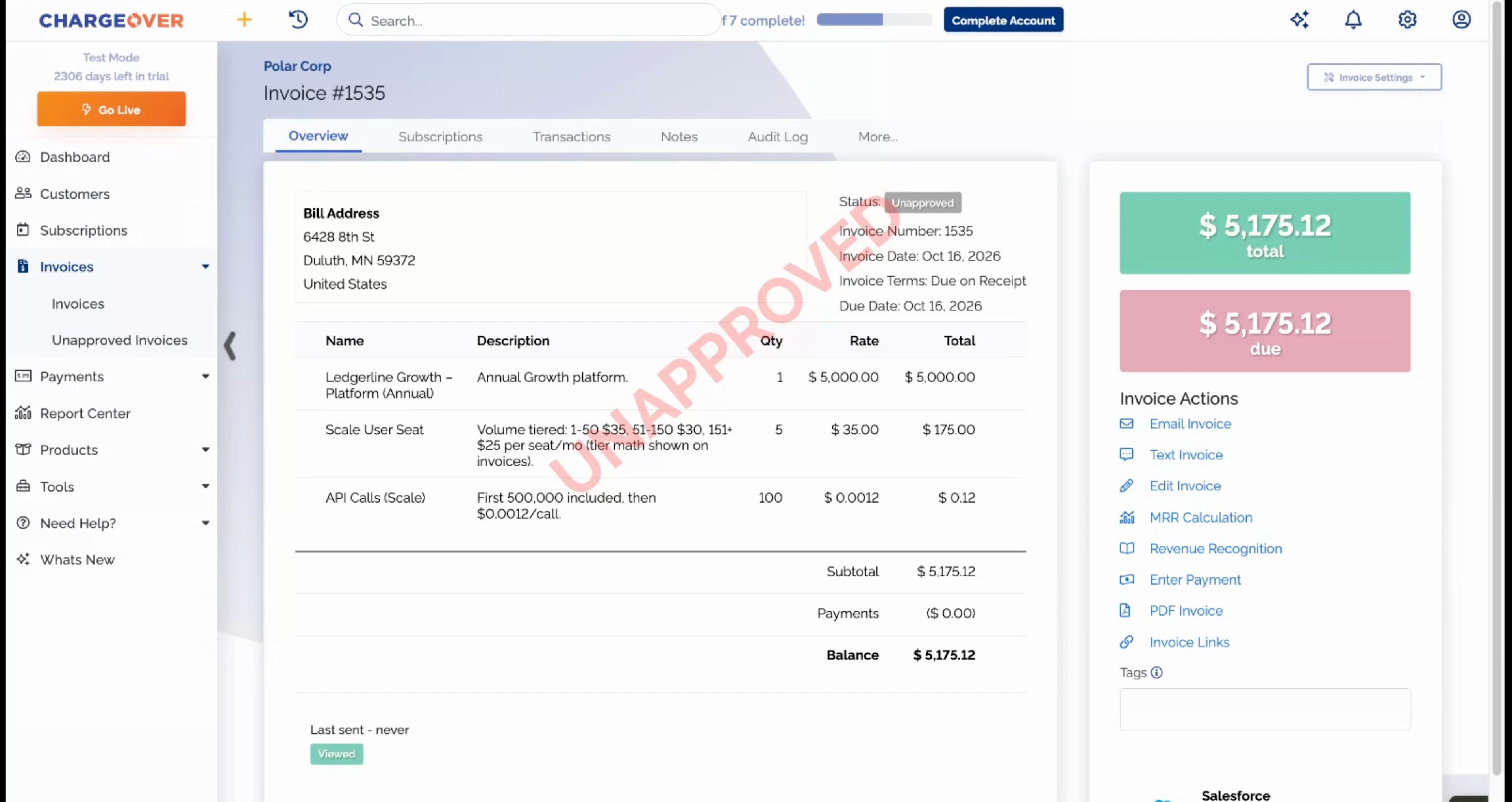 A ChargeOver invoice with tiered usage lines that recalculate as usage comes in