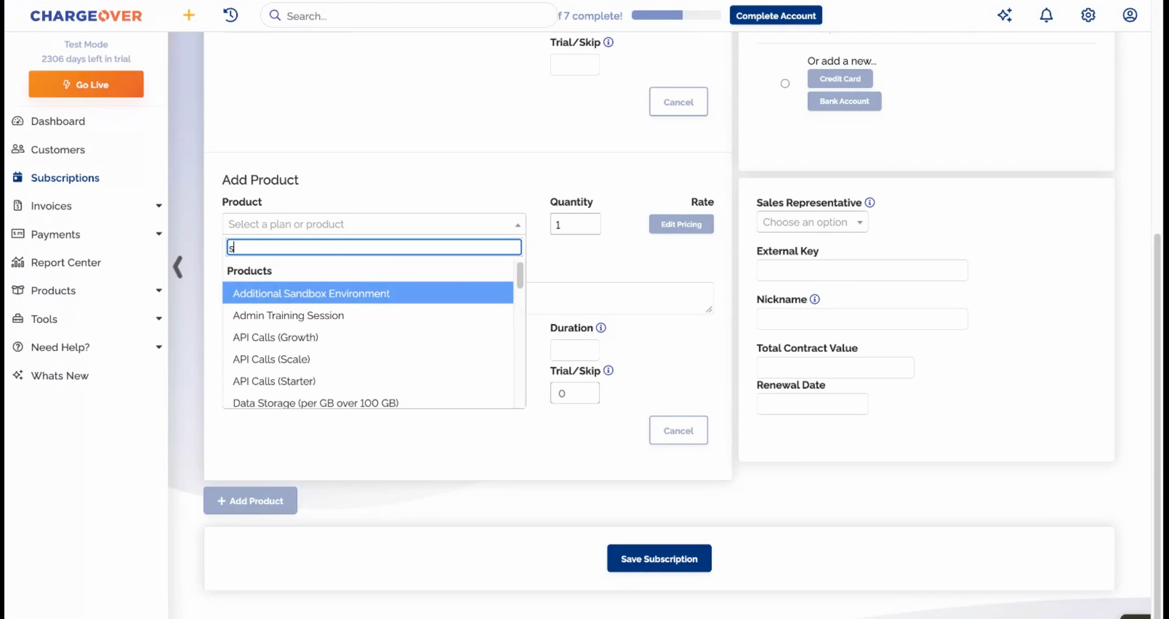Adding products to a ChargeOver subscription that mixes a platform fee, seats, and usage