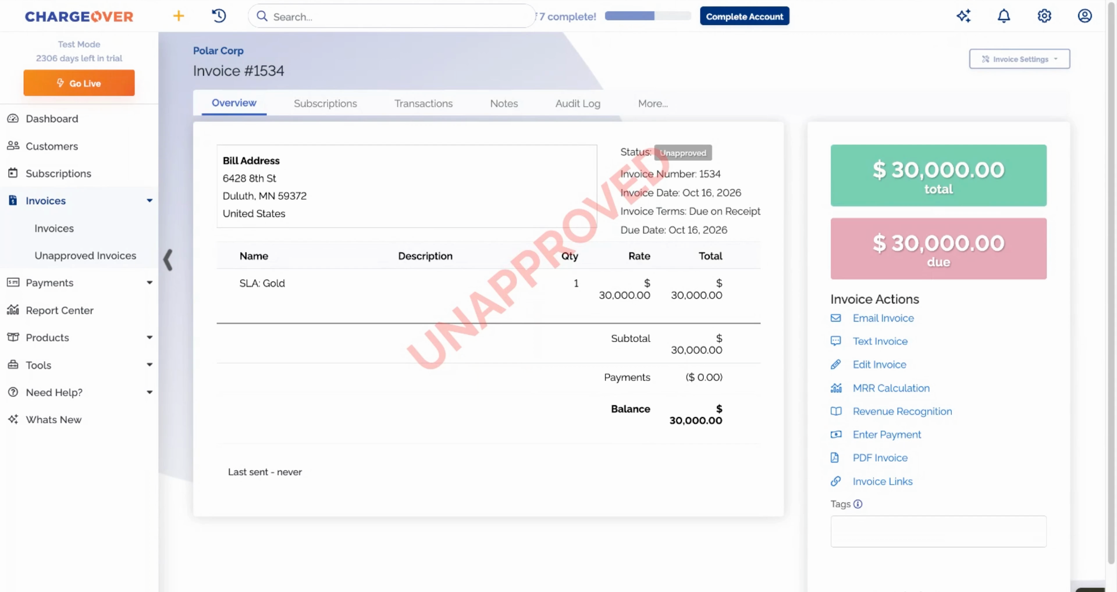 An unapproved invoice in ChargeOver waiting for review before it sends