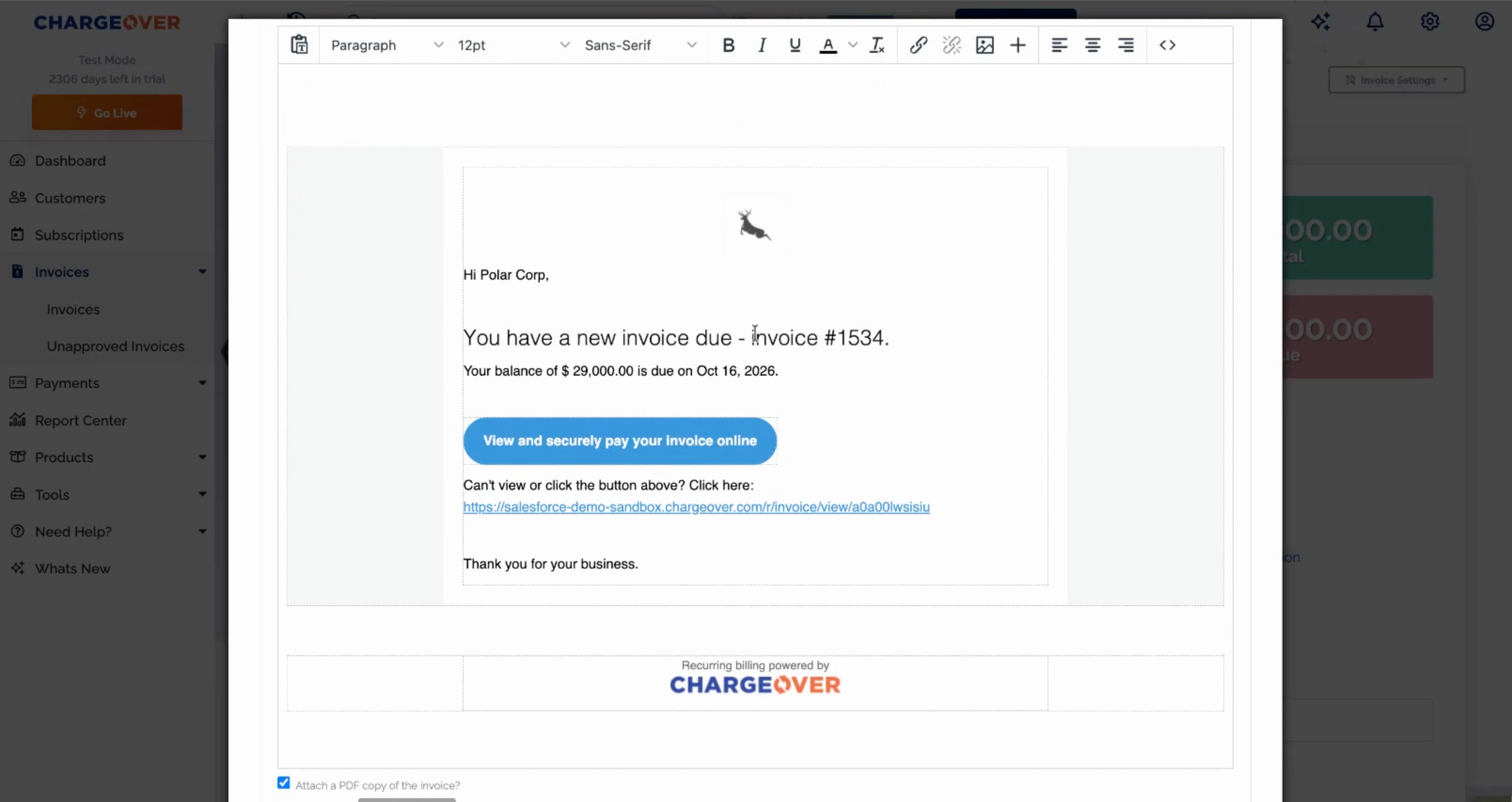 A ChargeOver invoice email with a secure pay-online link