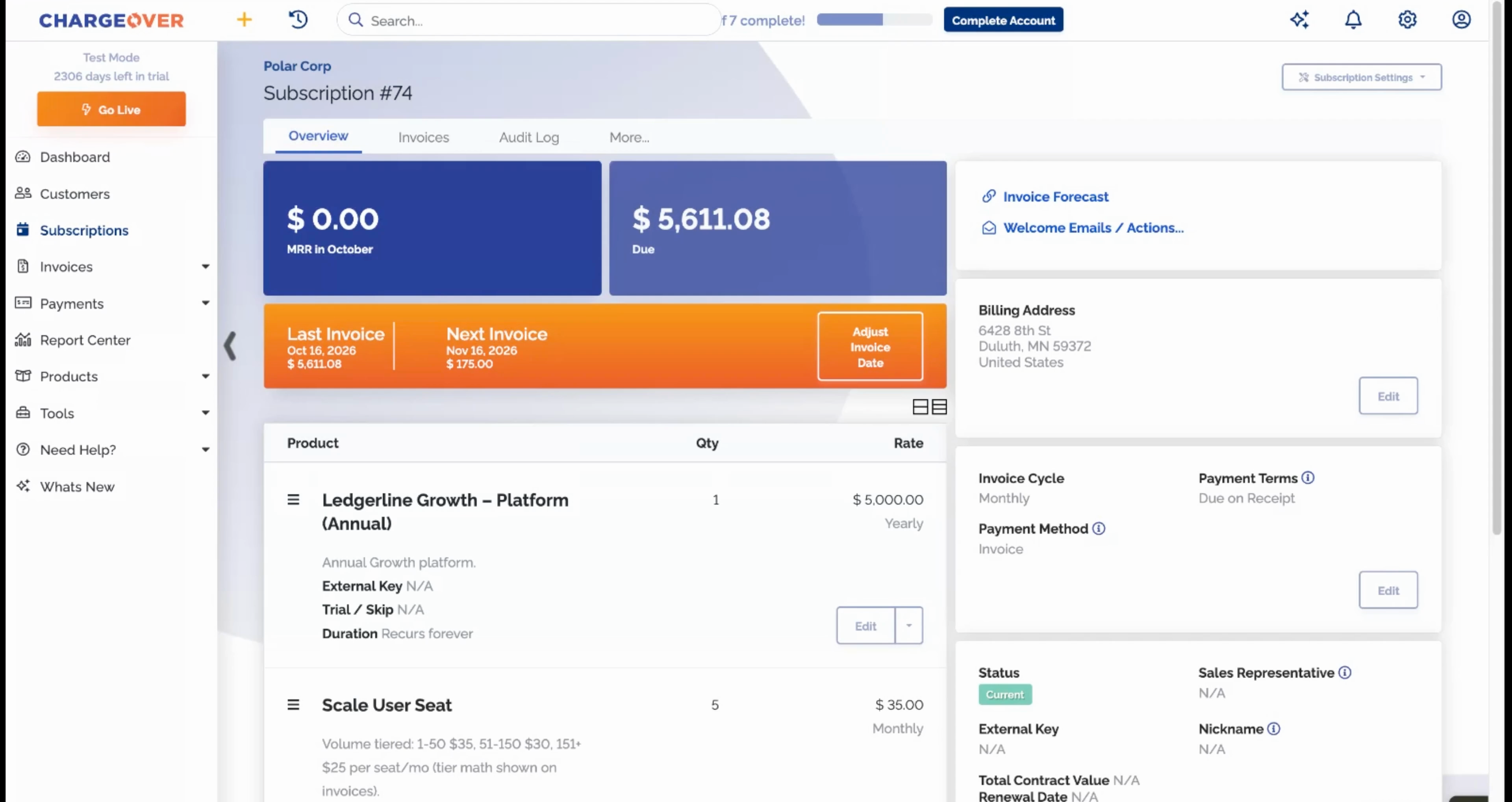 A ChargeOver subscription being upgraded mid-cycle with proration