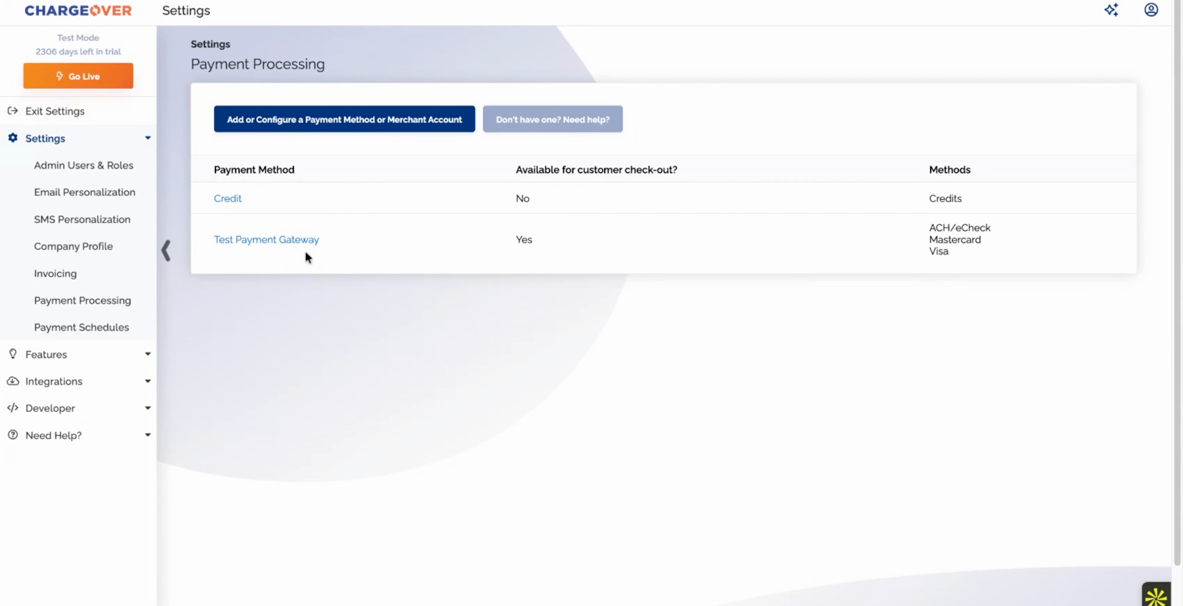ChargeOver payment processing settings with multiple processors connected