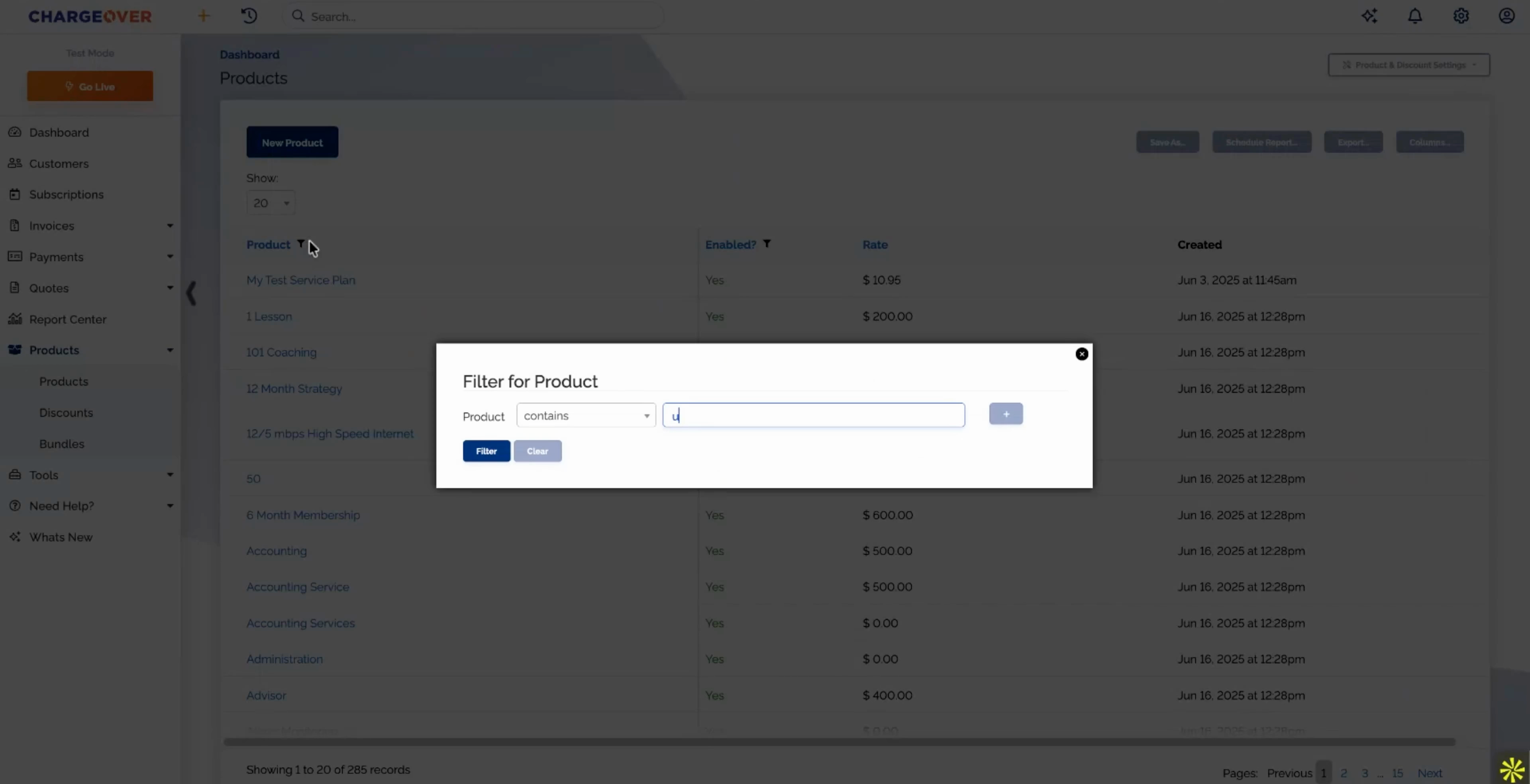 Filtering for a product in ChargeOver to update its price across subscriptions