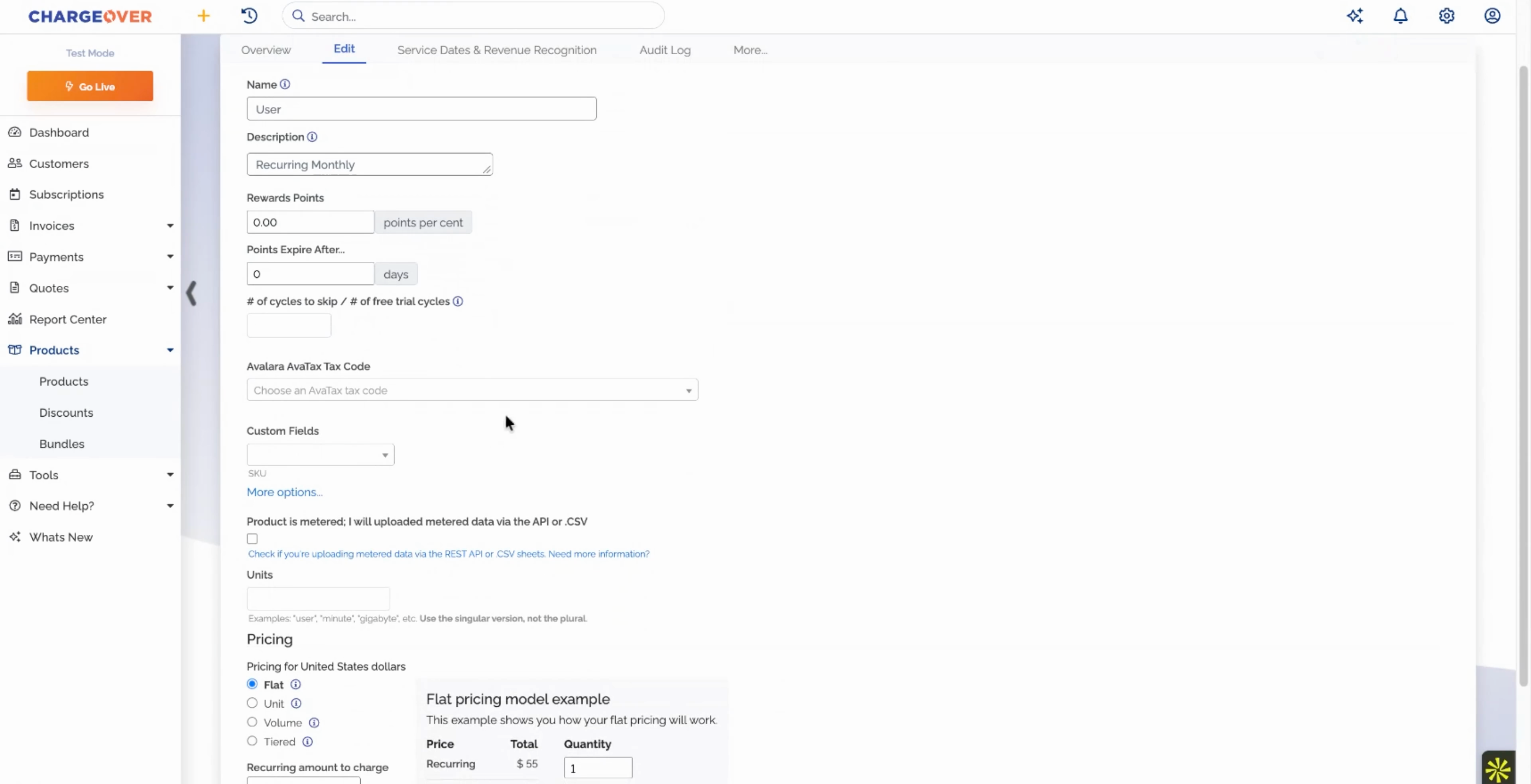 Product pricing settings in ChargeOver where price increases are scheduled
