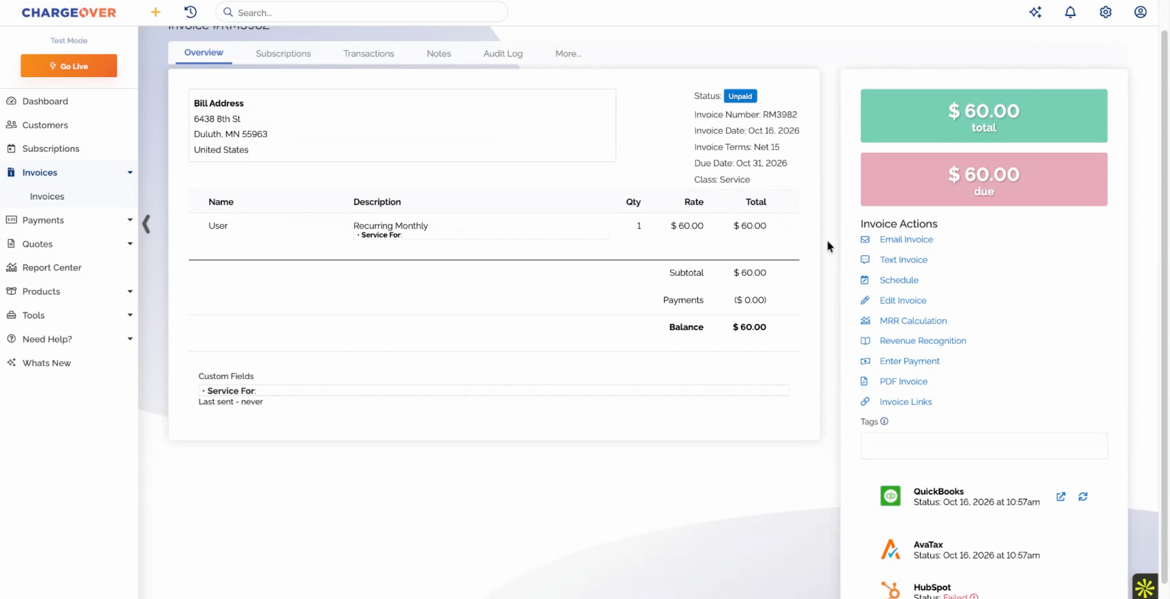 A ChargeOver invoice showing its QuickBooks sync status