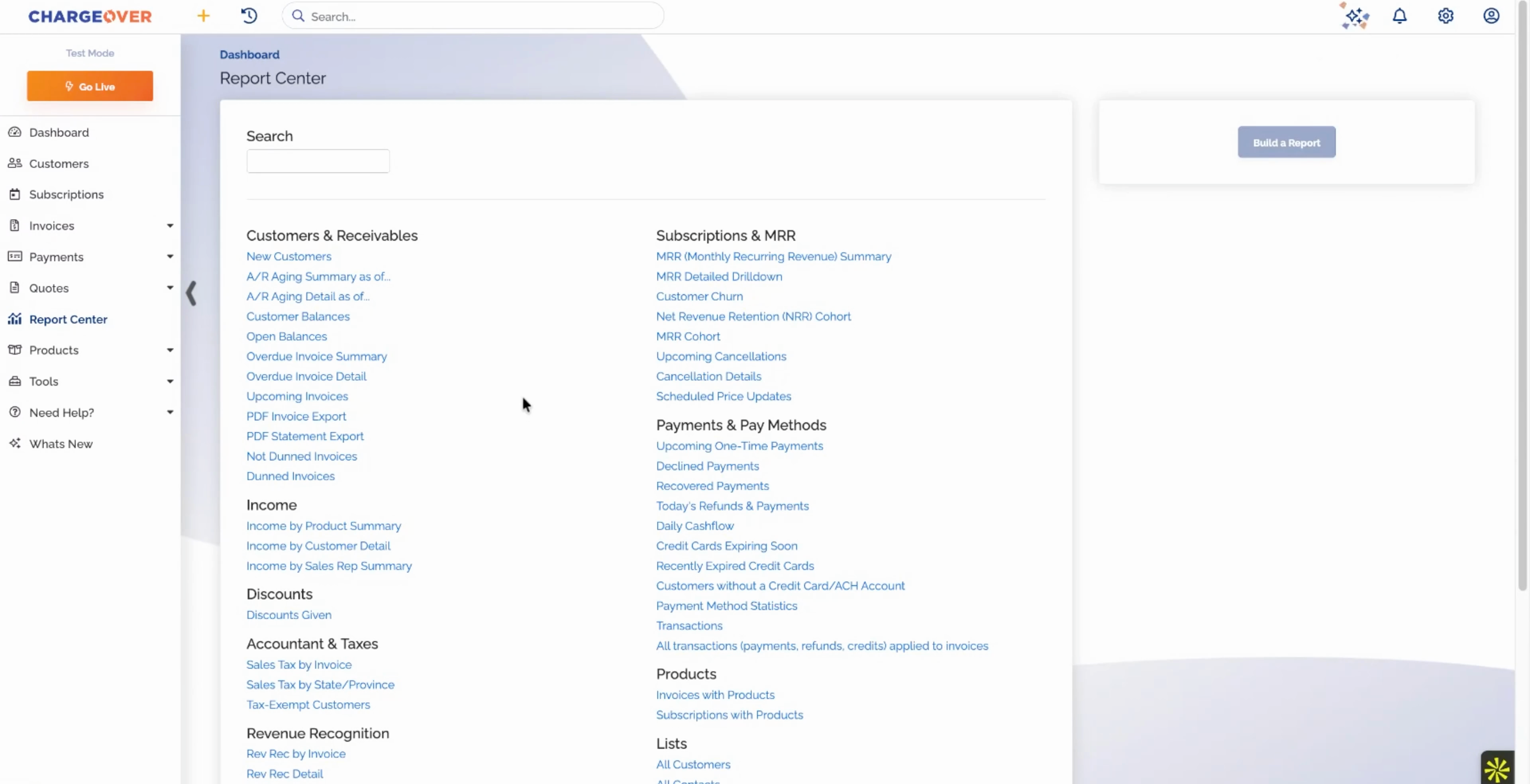 The ChargeOver Report Center with reports grouped by category