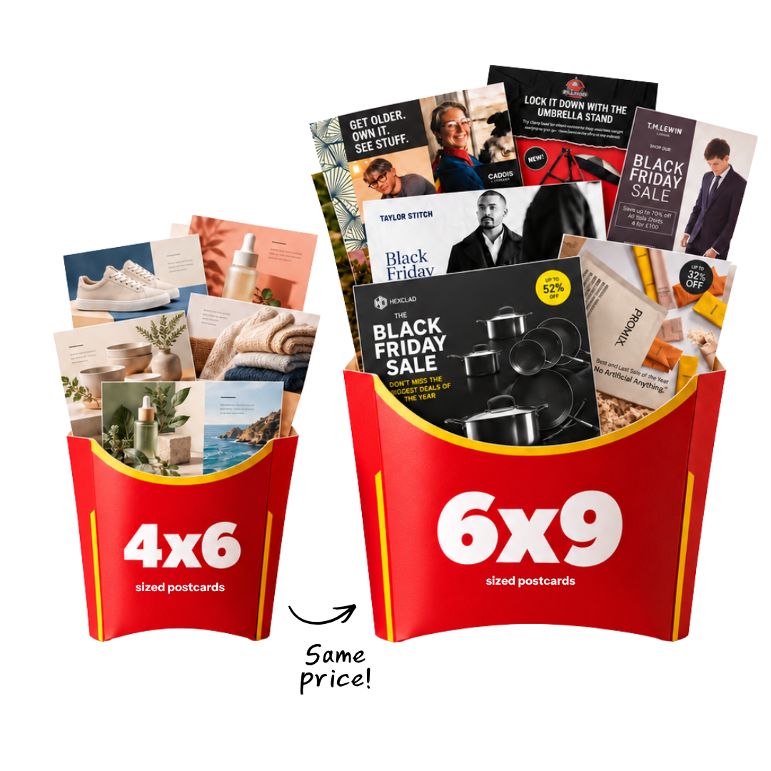 4x6 and 6x9 sized postcards in red cartons