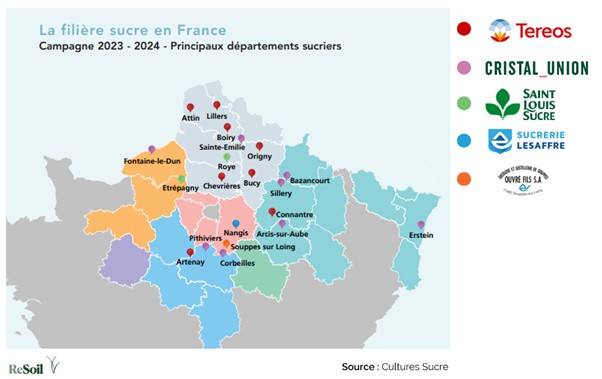 Principaux départements sucriers en France métropolitaine, et implantation des sucreries par groupe sucriers (Source : Culture Sucre)