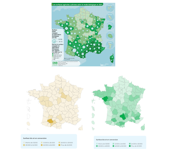 Cartes des surfaces totales en BIO (en haut), en grandes cultures (en bas à gauche) et des cultures fourragères (en bas à droite) en France par département (source : Agence Bio)