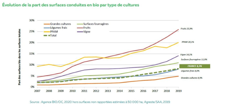 Graphique présentant la par du BIO sur les surfaces totales par type de culture (source: Agreste)