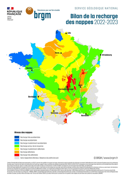 Evolution du niveau des nappes phréatiques 2022-2023 - Source : BRGM