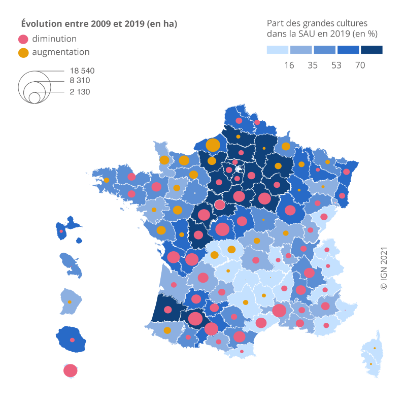 Carte des surfaces des Grandes Cultures en France - Source : Insee