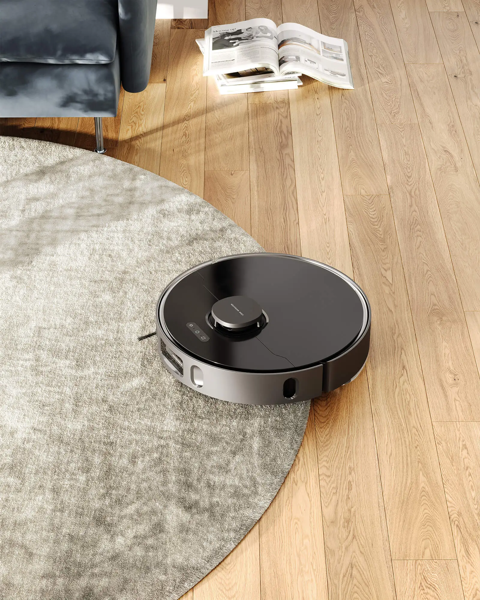 Living room scene with vacuum robot on carpet, wooden parquet and sofa; rendered in Corona Renderer