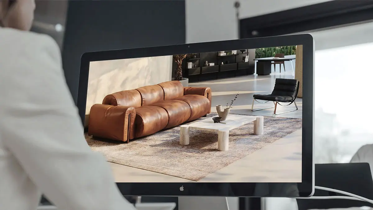 Visualizzazione 3D fotorealistica di un interno moderno con divano in pelle cognac, tavolino di design e tappeto - rendering CGI per interior design, marchi di arredamento, architetti e interior designer, creato da Danthree Studio.