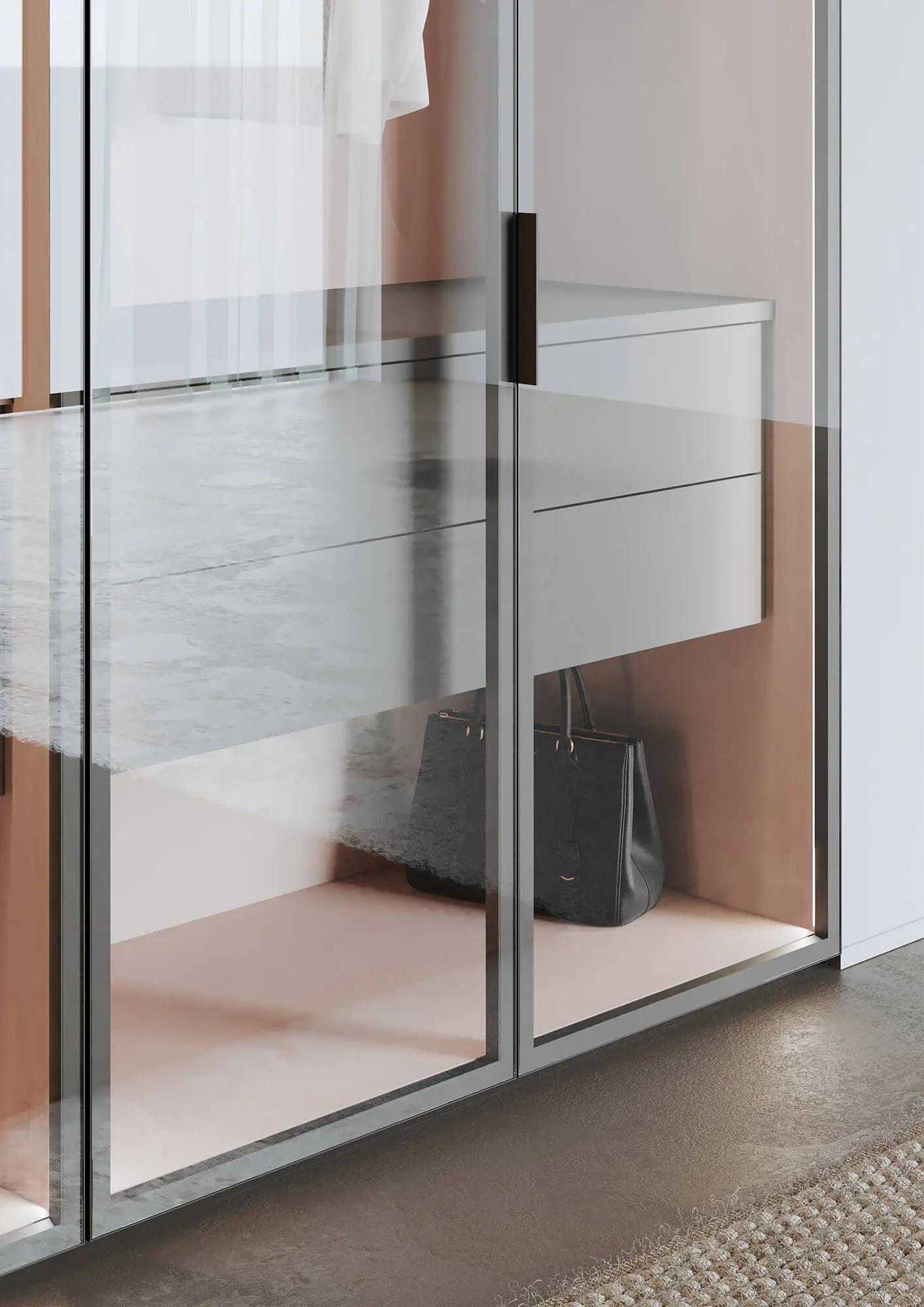 PBR-Rendering eines Schranks mit Glasfront; realistische Reflexionen und Brechungen, Metalness/Roughness definieren den Metallrahmen.