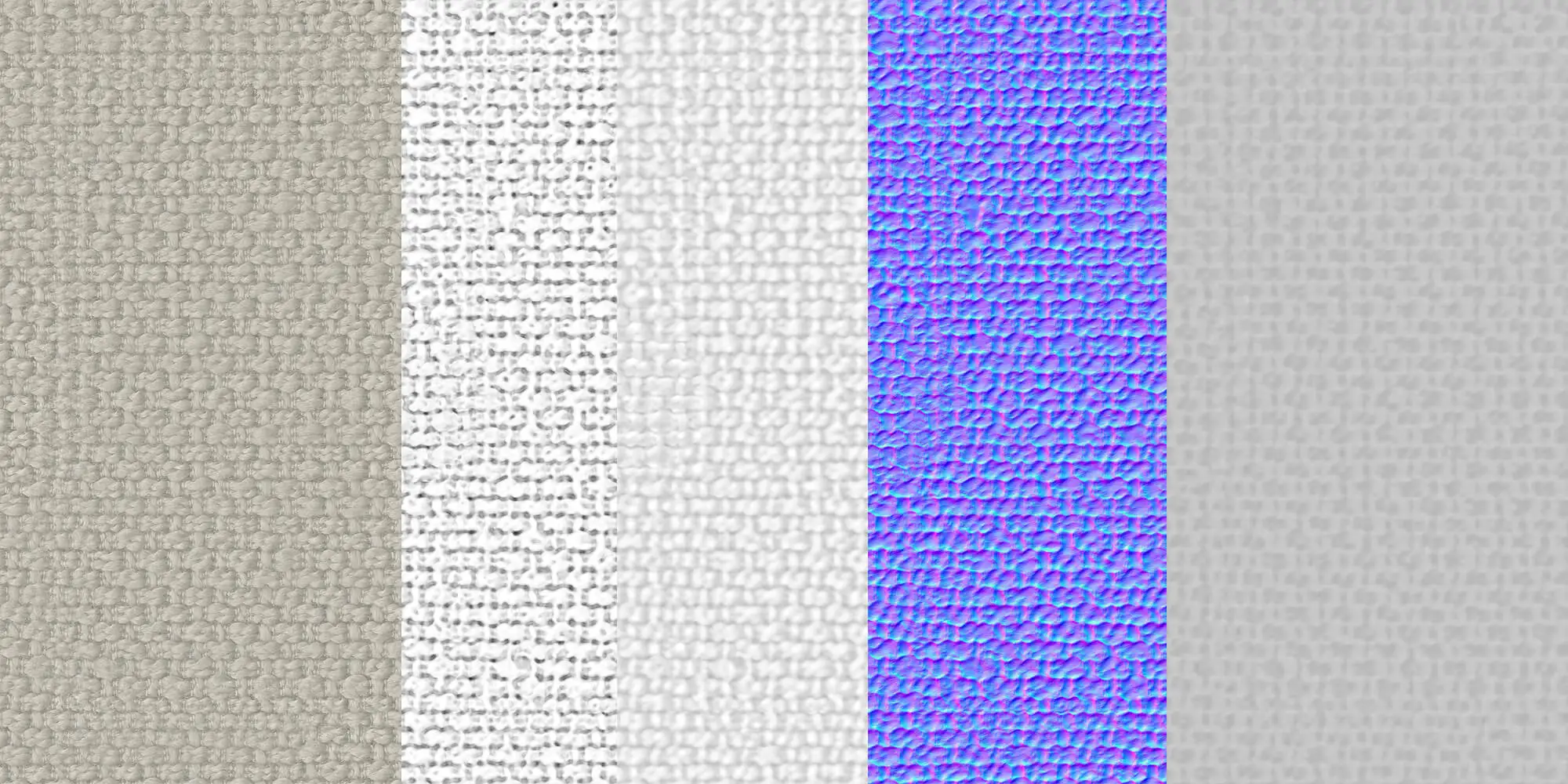 PBR-Textur-Set eines Stoffmaterials: BaseColor, Ambient Occlusion, Height, Normal und Roughness Map – nebeneinander dargestellt