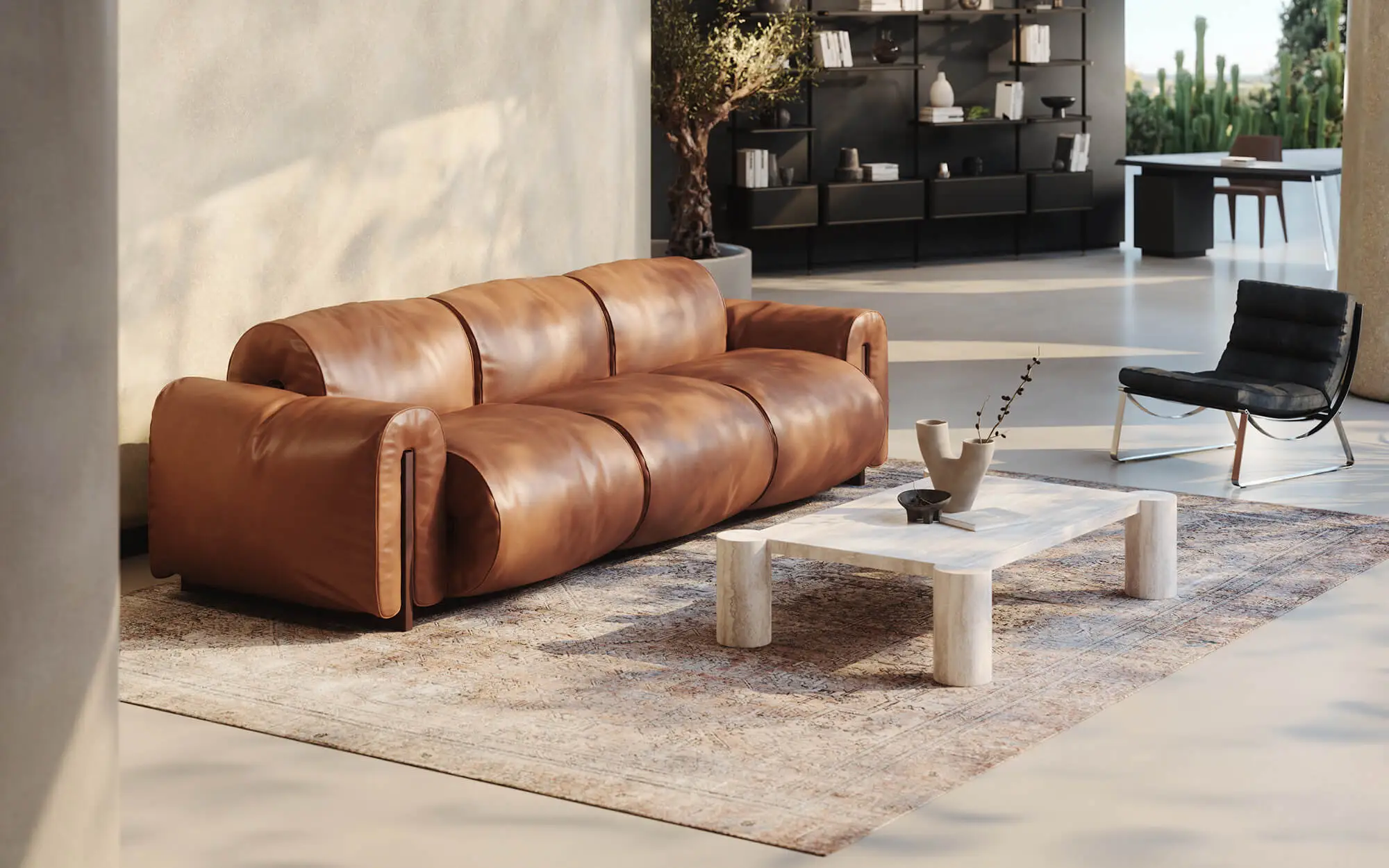 3D-Visualisierung eines Natuzzi Ledersofas im Raum – Normal Map sorgt für realistische Oberfläche und Glanzpunkte