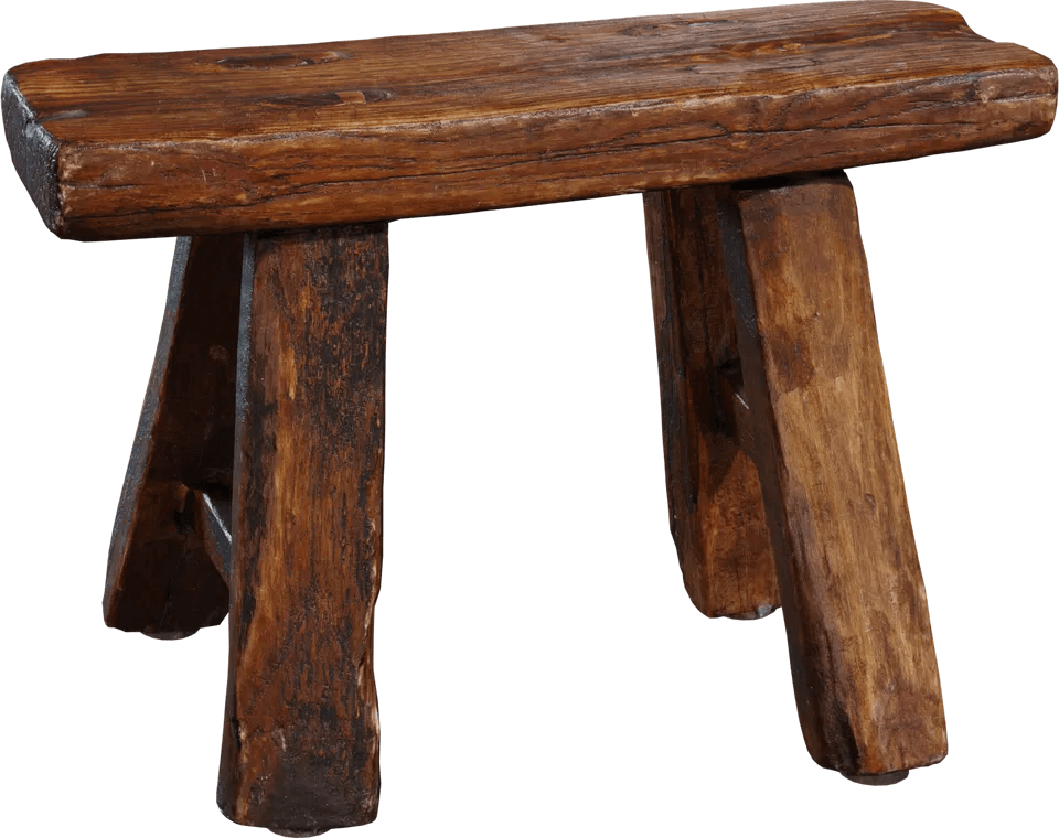 3D-Rendering des Holzschemels – realistische Holzstruktur, Alterungsspuren und Lichtkanten durch gebackene PBR-Maps.