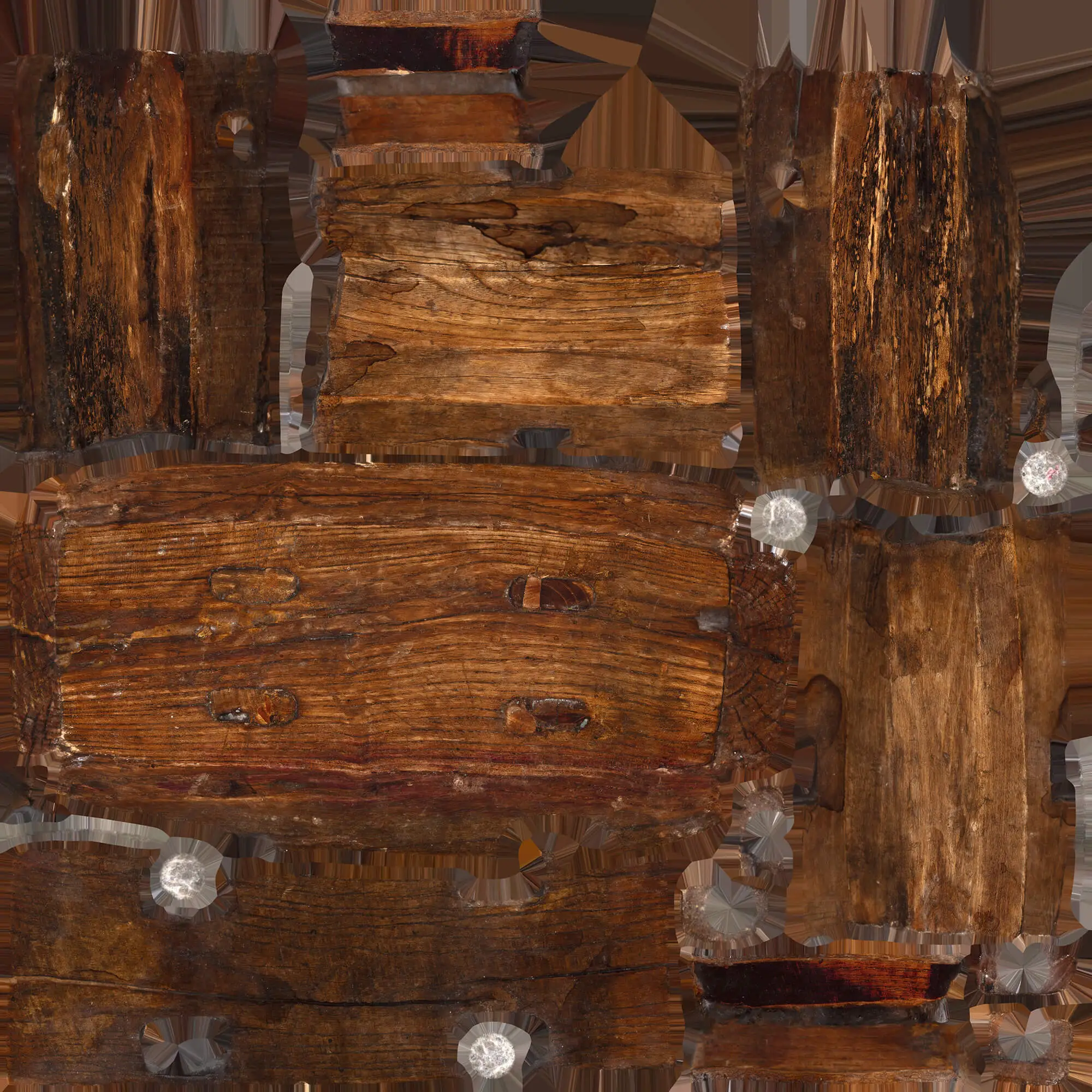 UV-Atlas eines rustikalen Holzschemels mit gebackenen Diffuse-, AO-, Normal- und Lightmaps – Risse, Abplatzer und Patina im Detail.