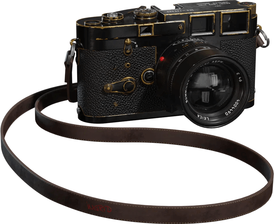 Fotorealistisches 3D-Rendering einer Vintage-Kamera – erzeugt aus gebackenen PBR-Maps (AO, Normal, Lightmap, Roughness).