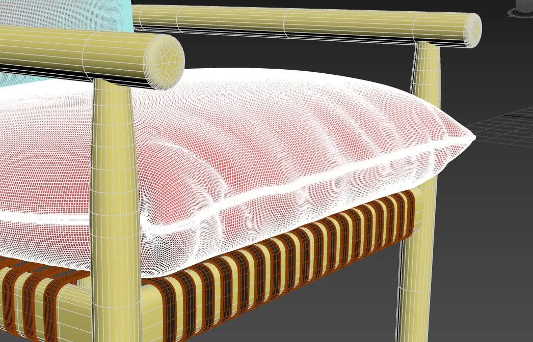 High-poly-Wireframe des Sitzkissens – modellierte Falten für die spätere Roughness Map