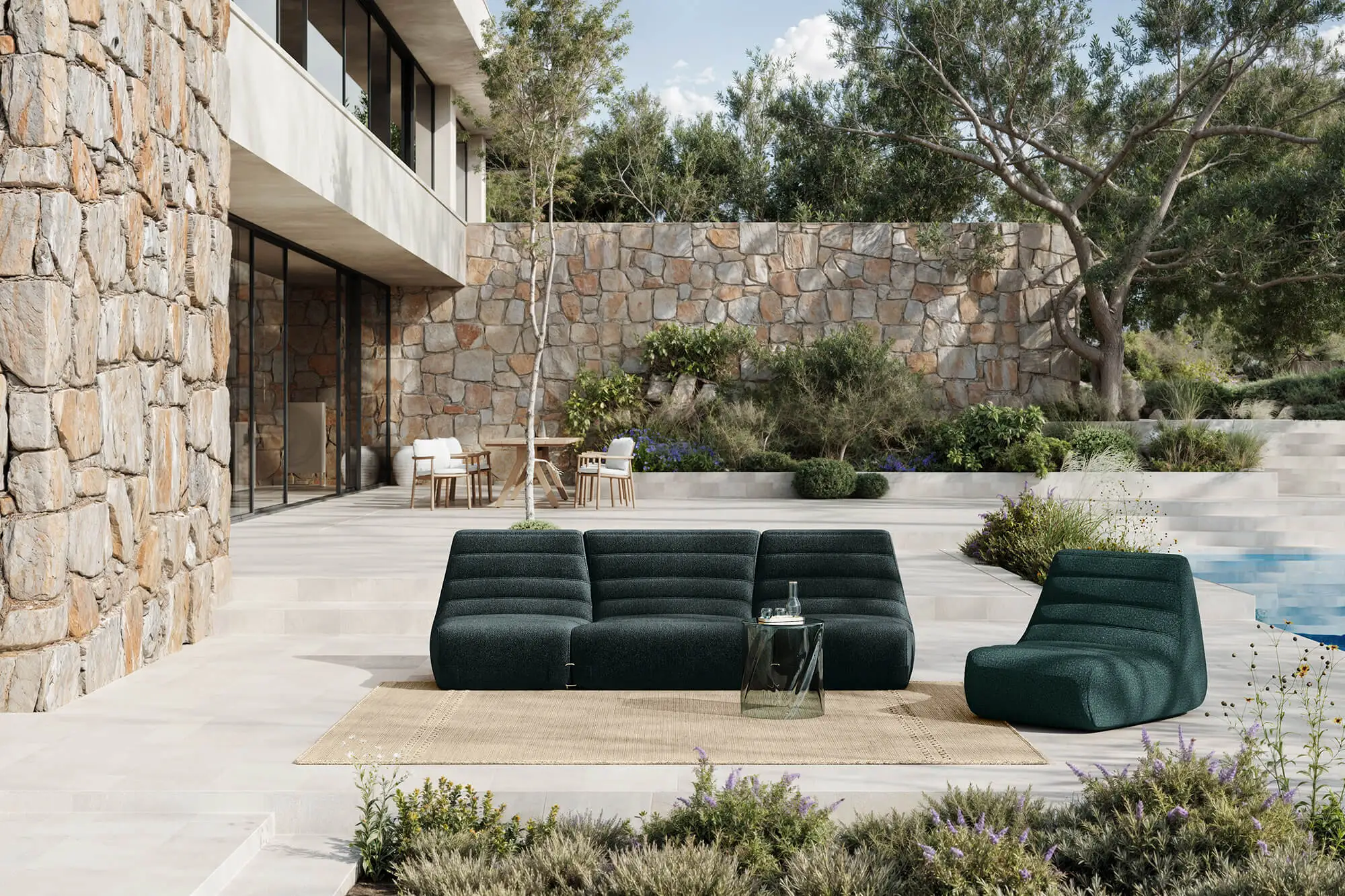 CGI outdoor sofa on a Mediterranean terrace conveys a desirable lifestyle feeling.