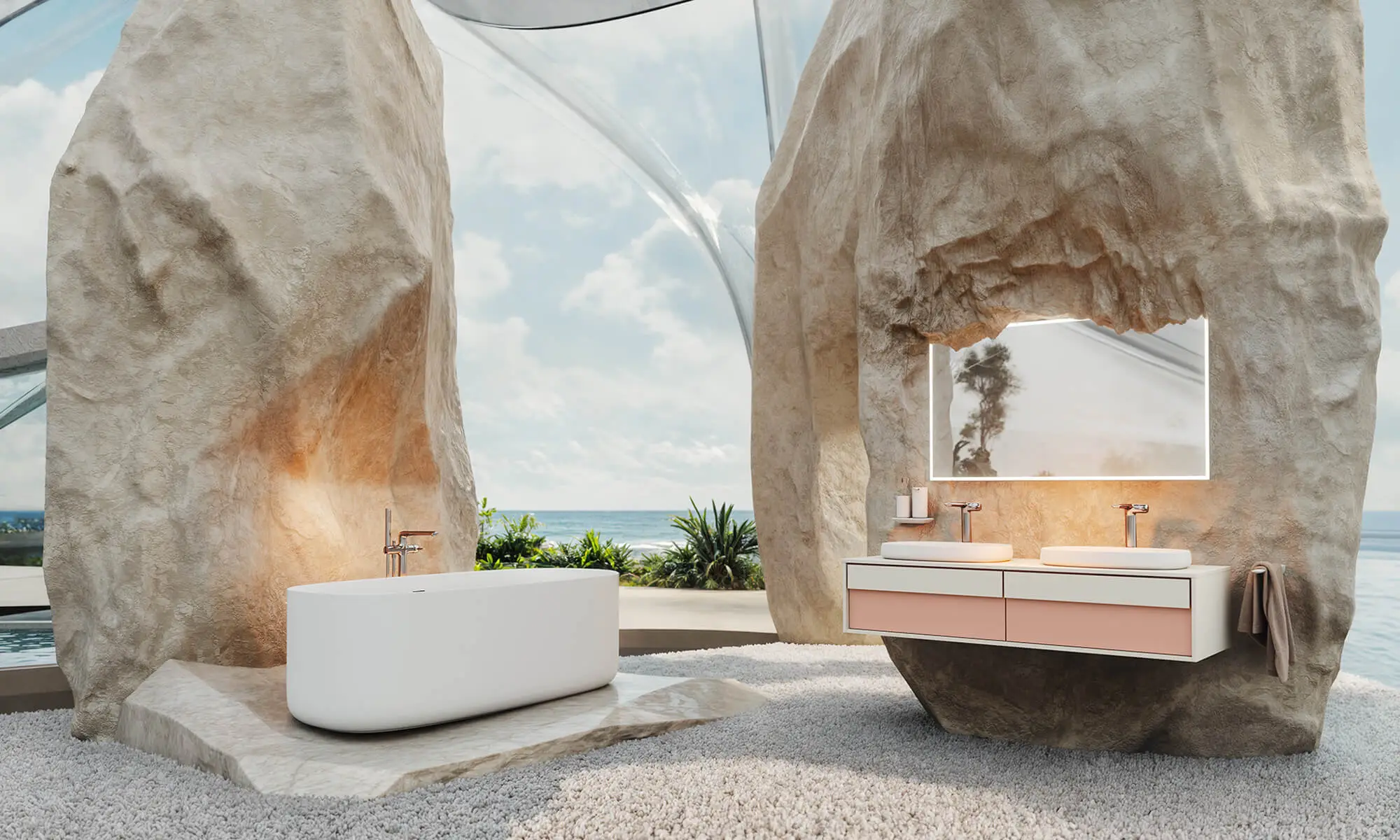 Organic CGI bathroom staging in rock formations tells an extraordinary product story.