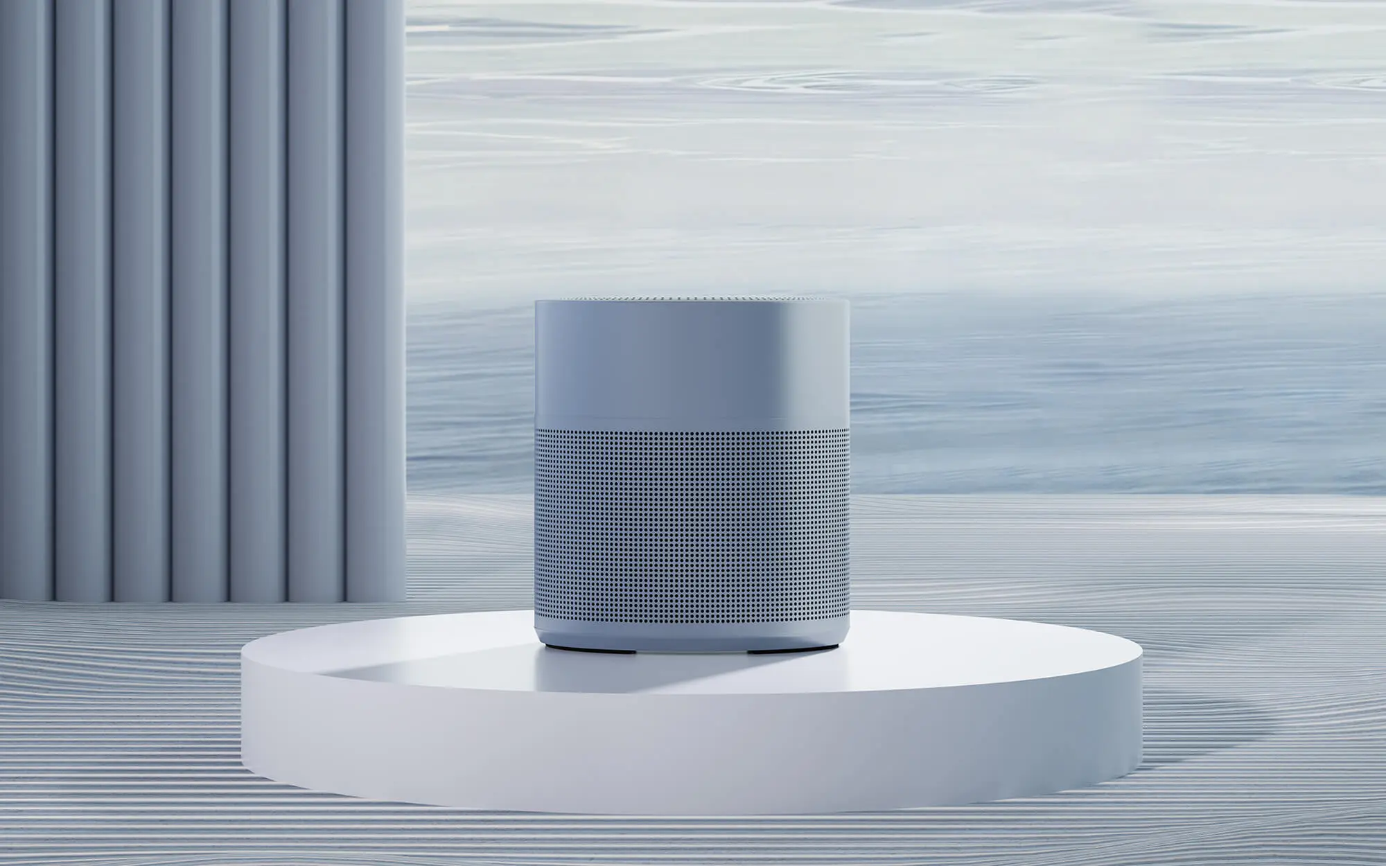 Minimalist CGI still of a loudspeaker on a pedestal demonstrates product focus through visual reduction.