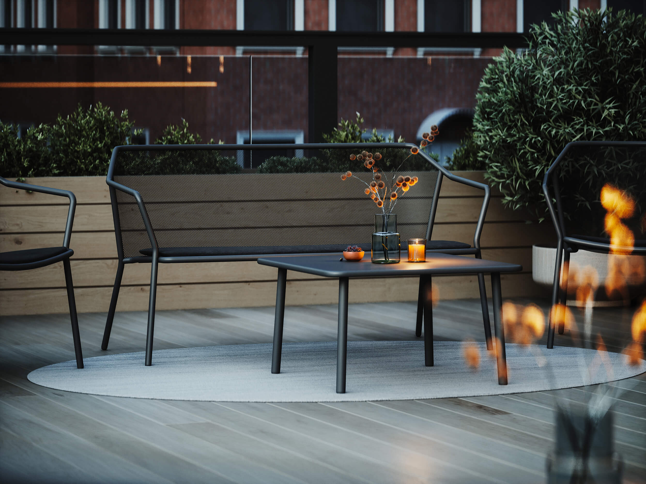 Evening patio scene with garden bench, table and candlelight; rendered in FStorm Render Engine