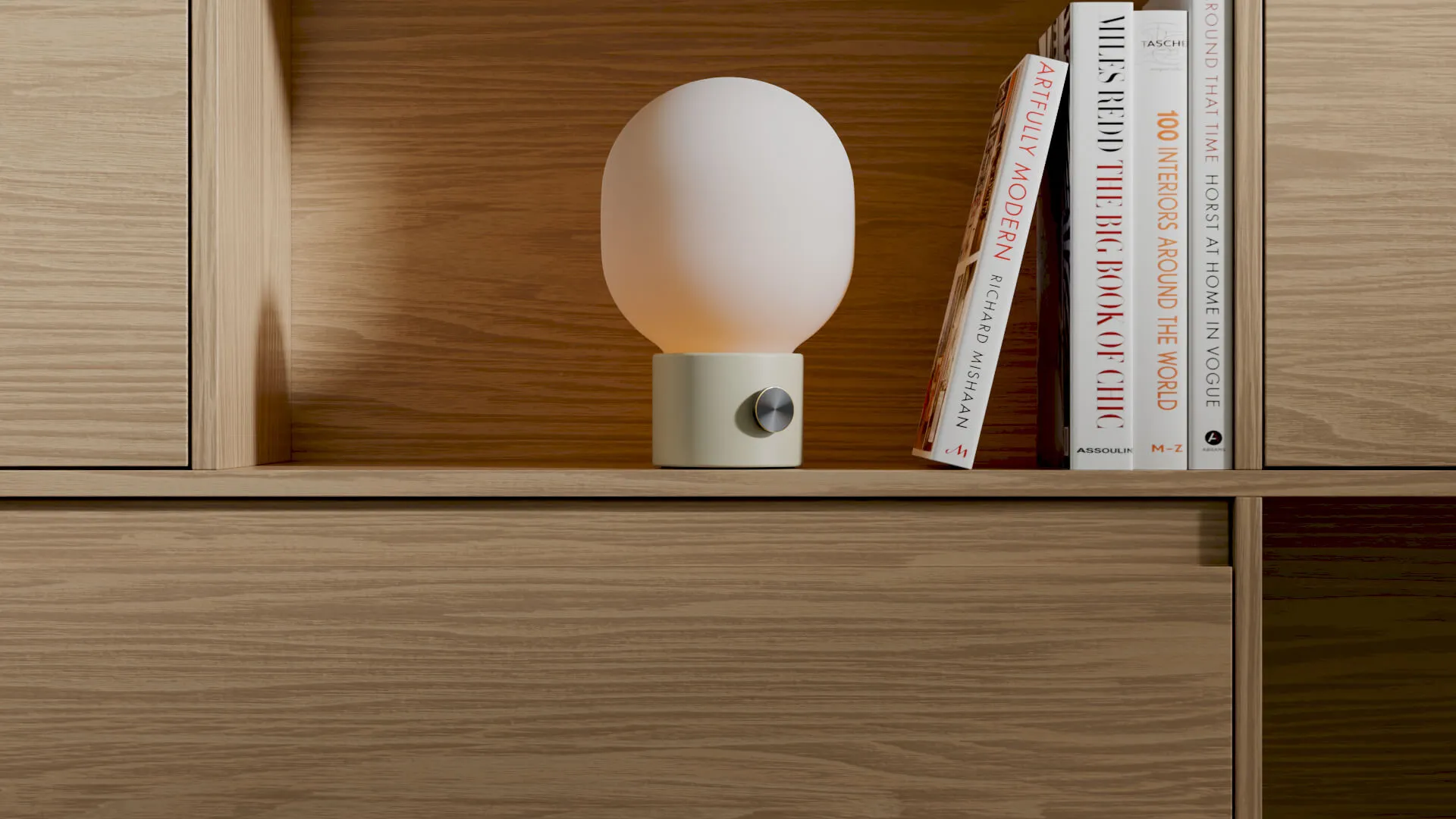 Minimalist shelf niche with matt white table lamp and wood veneer; rendered in Cinema 4D (Physical Renderer)