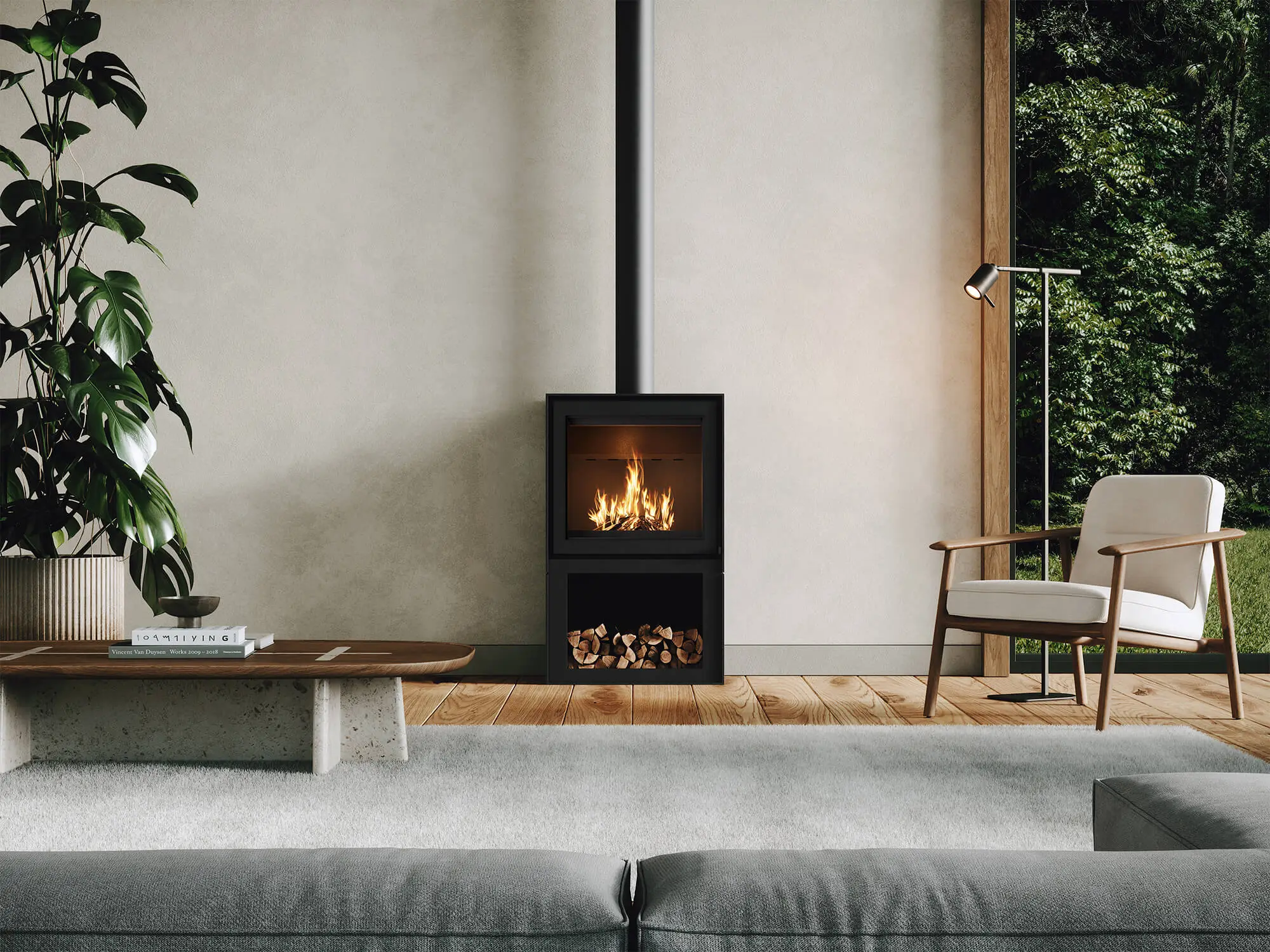 3D Kamin Rendering als Packshot: freistehender Holzofen mit offenem Holzfach, frontale Studioansicht, sachliche Formensprache.
