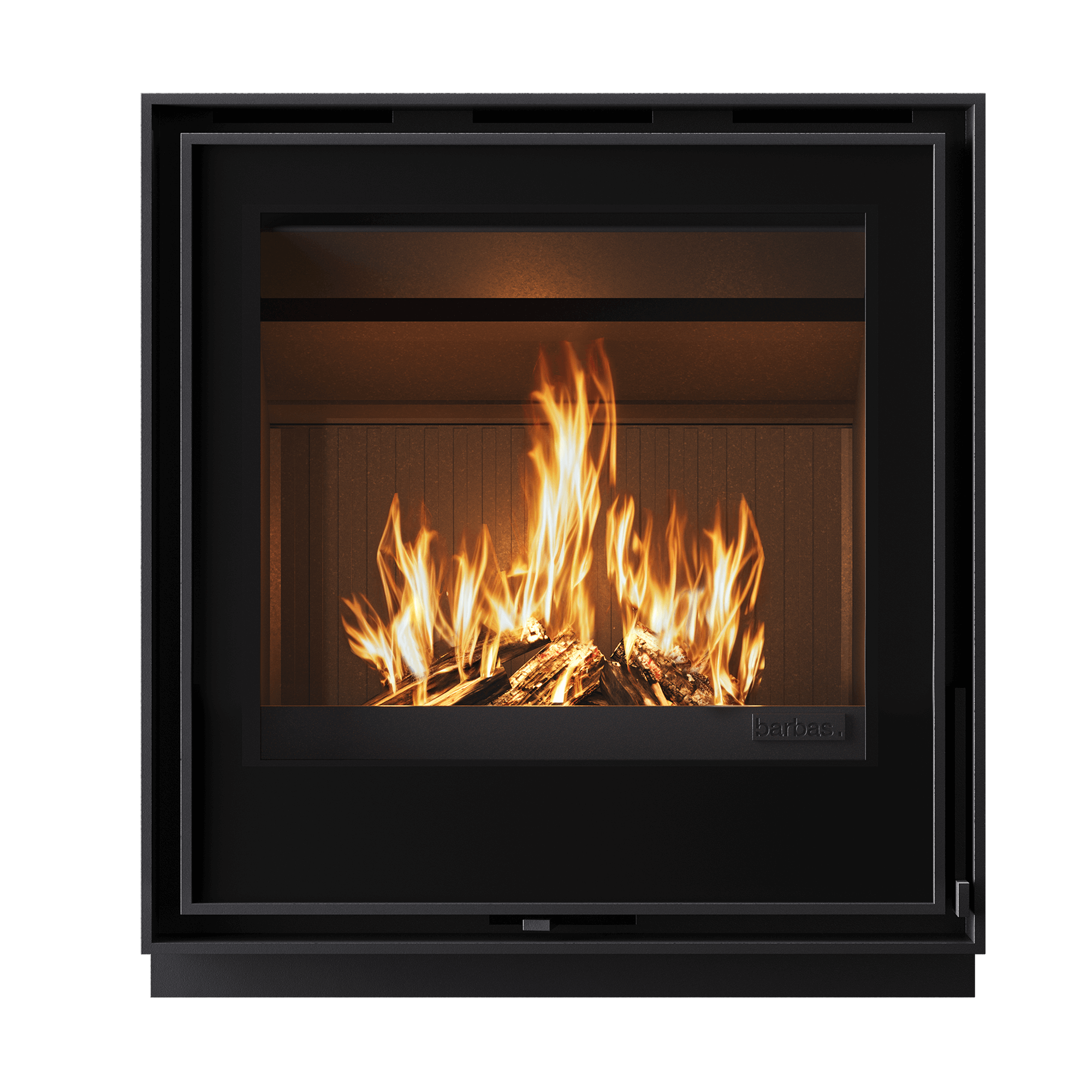 3D Kamin Rendering: holzbetriebener Einbaukamin mit Glasfront, frontal als Packshot; klare Geometrie, natürliches Flammenbild, tiefe Brennkammer.