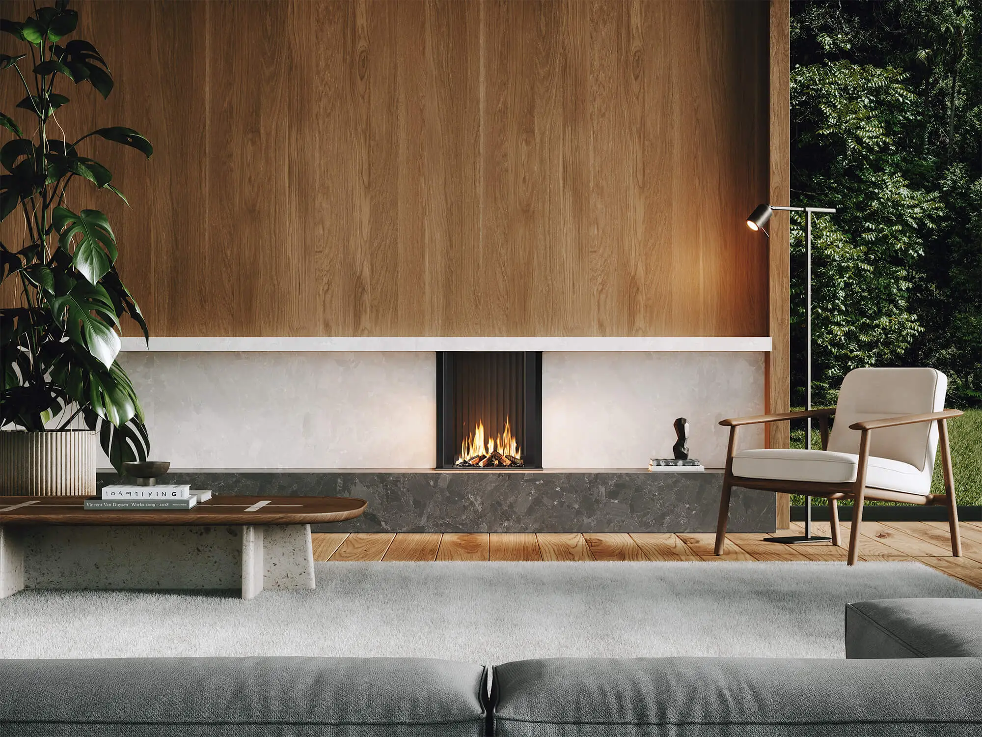 3D Kamin Rendering im Interior: schmaler, dreiseitiger Gaseinbau in Wandnische; frontale Ansicht bei Tageslicht, ruhige Materialpalette.