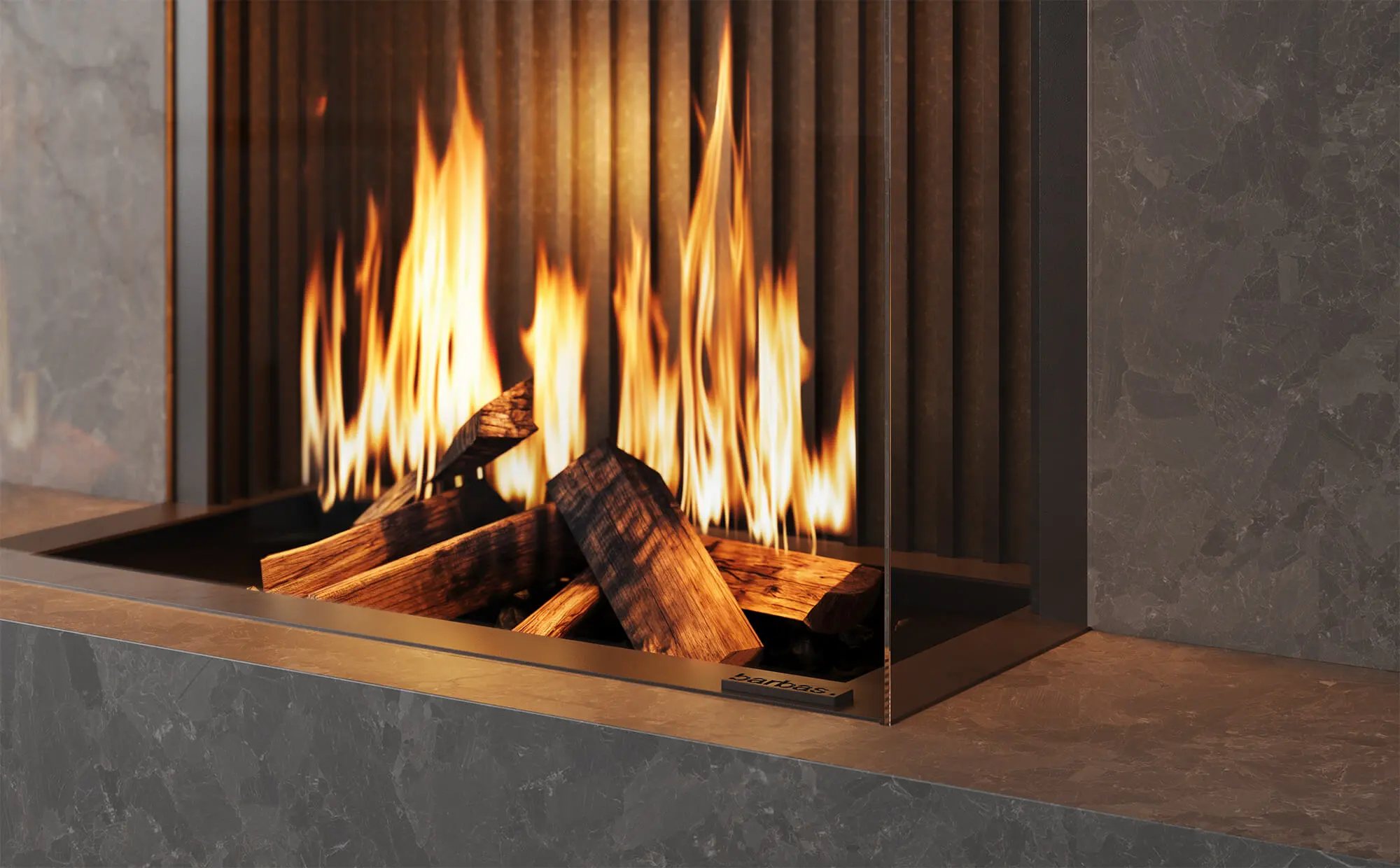 3D Kamin Rendering: dreiseitiger, rahmenloser Gaseinbau mit gläsernen Seiten; Holzscheit-Optik, tiefe Brennkammer und feine Kantenführung.