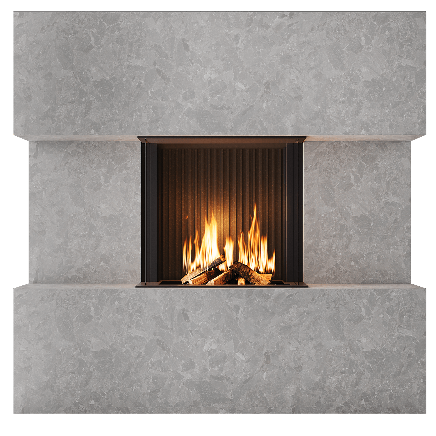 3D Kamin Rendering eines gasbetriebenen Einbaukamins mit Panoramaöffnung in grauer Steinverkleidung, frontale Interior-Ansicht.
