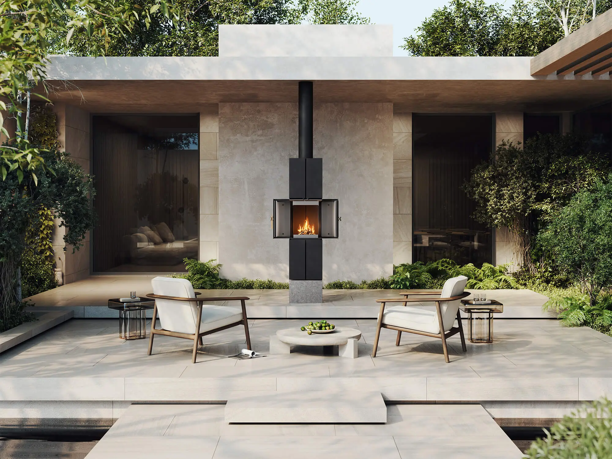 3D Kamin Rendering eines freistehenden Holzofens im Garten-Patio; moderne Architektur, Tageslicht, zentrale Inszenierung auf der Terrasse.