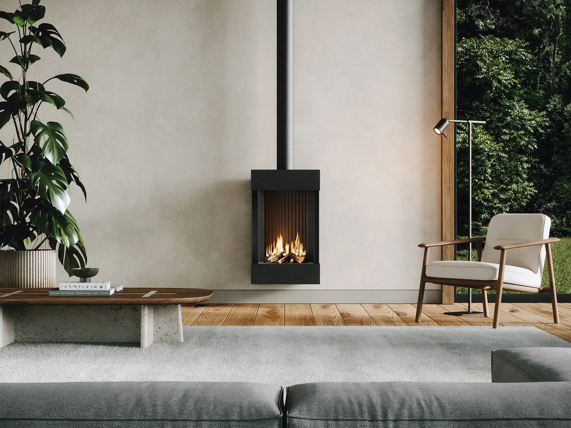 3D Kamin Rendering: gasbetriebener, freistehender Kamin mit dreiseitiger Sicht im Wohnraum; 45° Perspektive, Tageslicht und ruhige Architektur.