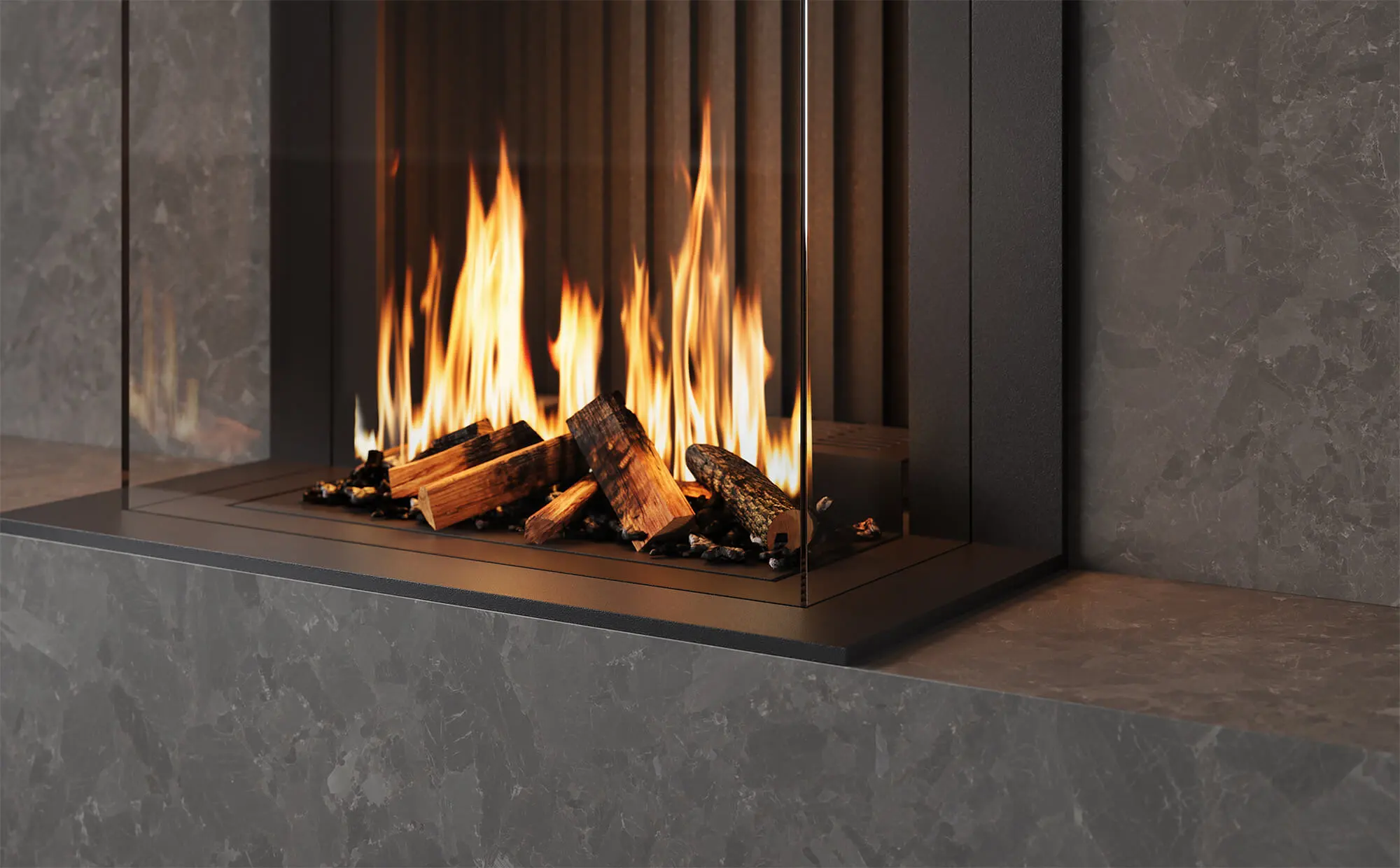 3D Kamin Rendering Detail eines dreiseitigen Gaskamins: saubere Glasfuge, warmes Flammenbild und präzise Schatten auf der Steinbank.