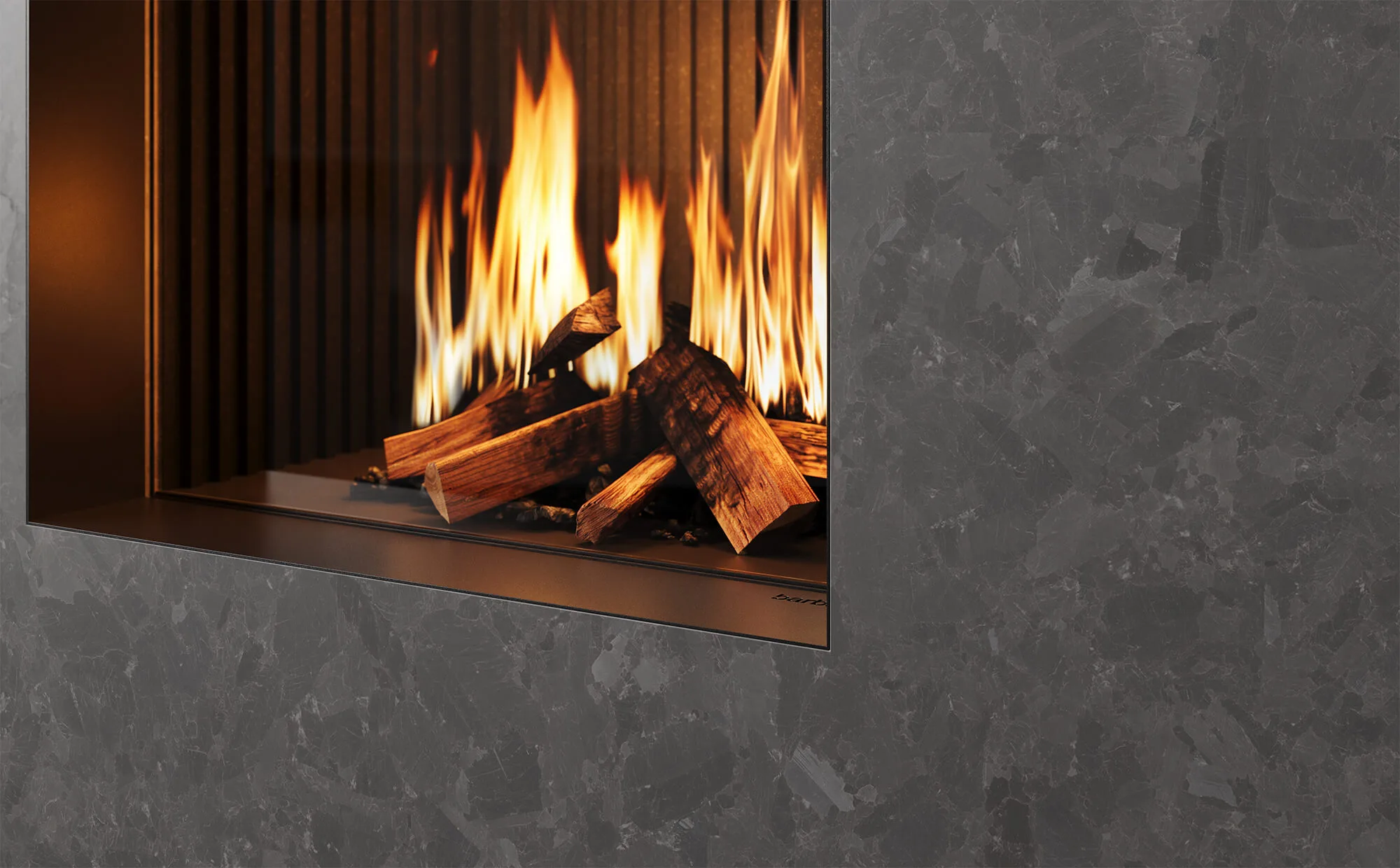 3D Kamin Rendering Detail: Gaskamin mit verdeckter Türmechanik und Ledergriff; scharfe Kante, realistische Reflexe und dynamische Flammen.