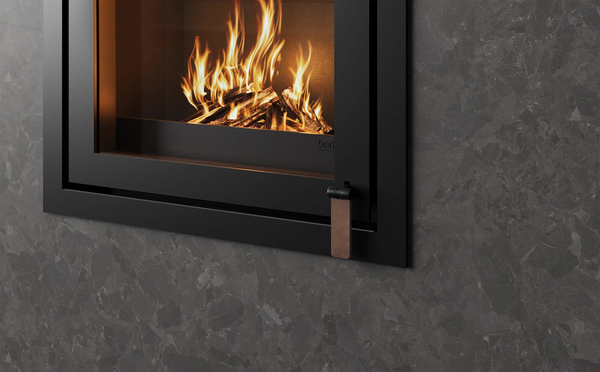 3D Kamin Rendering Detail: Einbaukamin mit Stahltür und klassischem Rahmen, griffige Mechanik, lebendiges Flammenbild im Hintergrund.