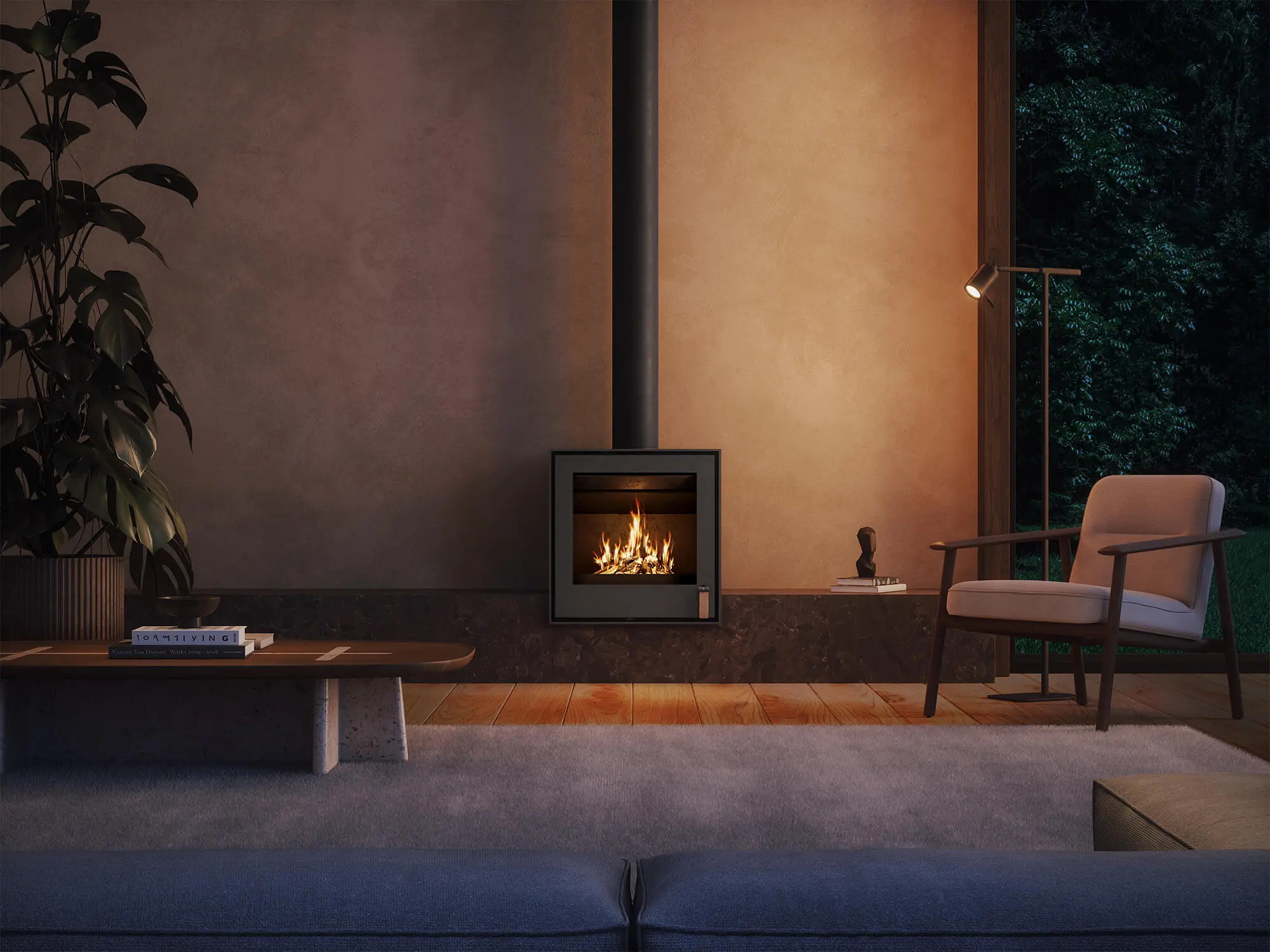 3D Kamin Rendering im Interior: freistehender Holzofen in abendlicher Stimmung, zentrale Frontansicht, warmes Licht und ruhige Wohnatmosphäre.