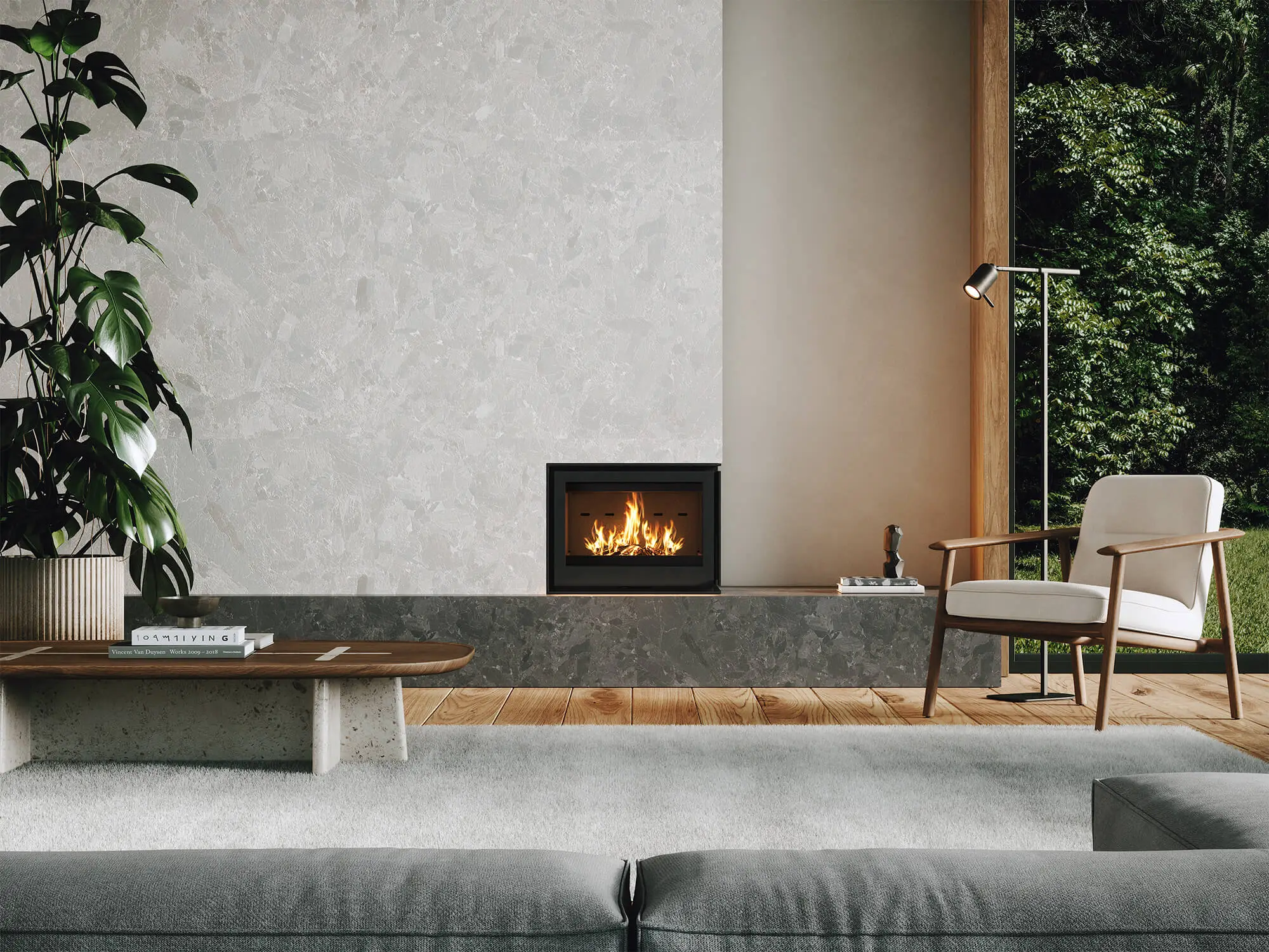 3D Kamin Rendering eines kompakten Einbaukamins mit Holzfeuer, frontale Ansicht in heller Wohnwand; natürliche Materialien und klare Linien.
