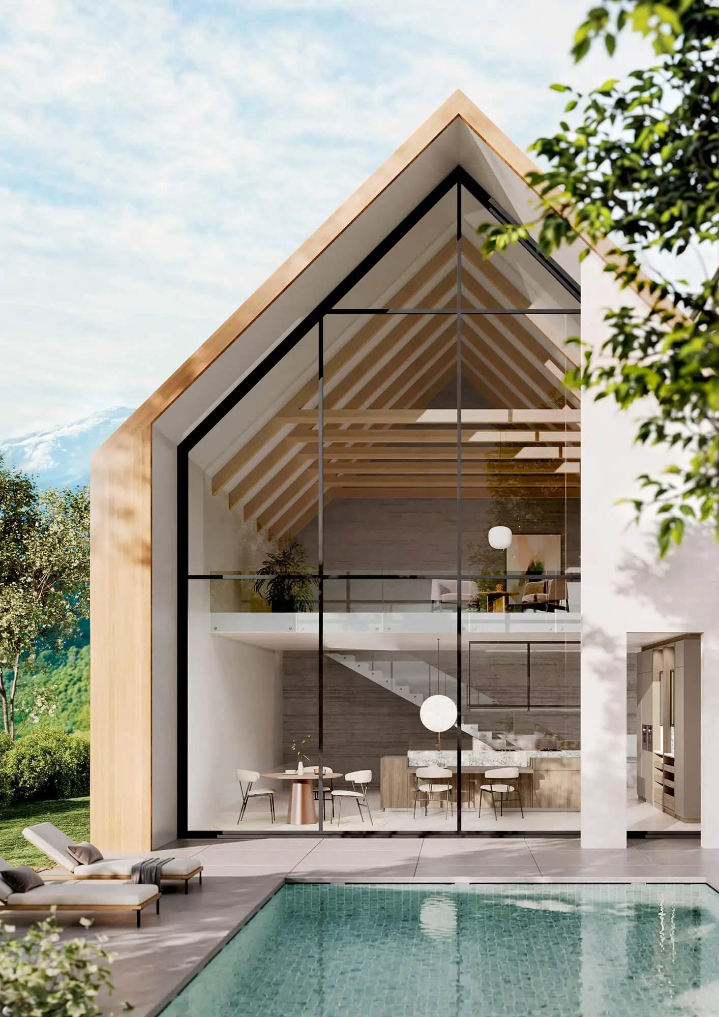 Vista esterna con piscina e timpano in vetro; vista sul soggiorno con cucina e isola - rendering fotorealistico compatibile con l'eroe.