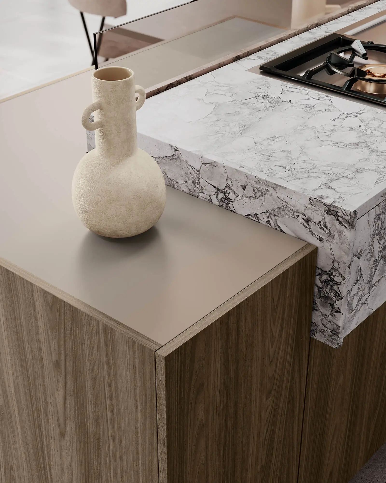 Profilo del bordo dell'isola: aspetto pietra, pannello in vetro e piano opaco, completato da un vaso - un preciso dettaglio 3D della cucina LEICHT IDEA.