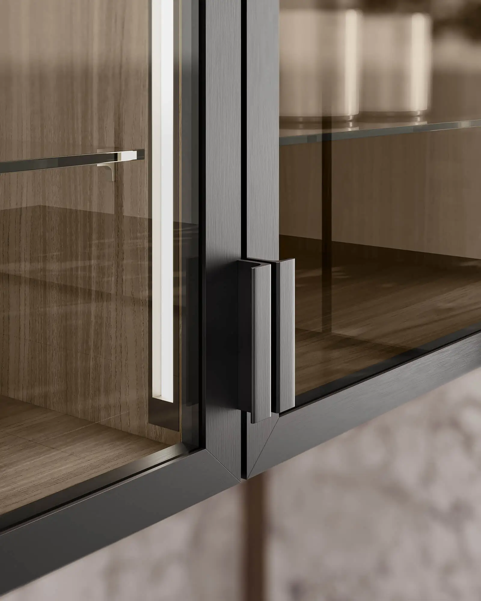 Dettaglio del mobile in vetro: profilo verniciato a polvere, maniglia e illuminazione integrata davanti all'interno in legno; rendering 3D preciso.
