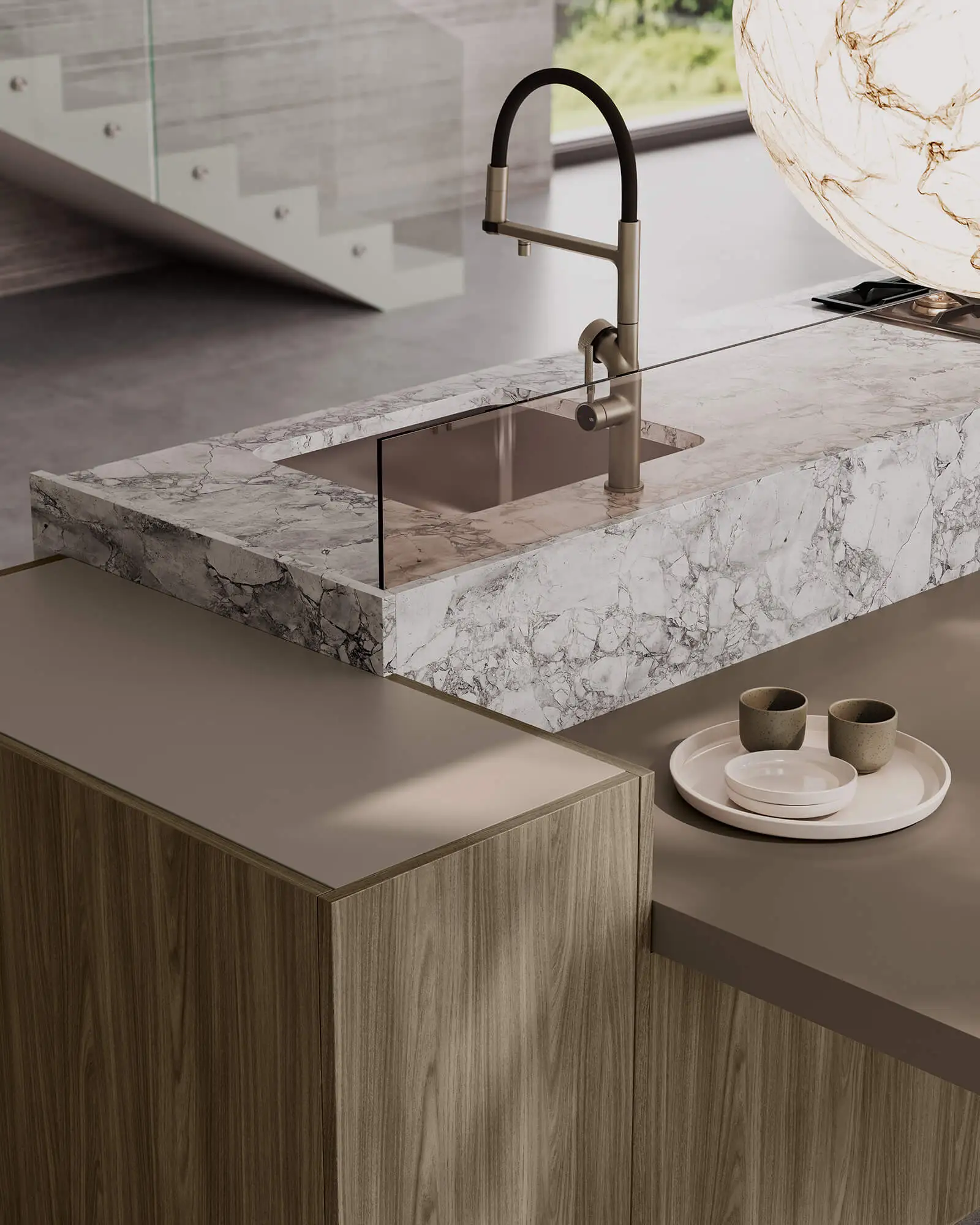 Allestimento dell'isola della cucina con ringhiera in vetro e piano di lavoro in pietra; rendering fotorealistico dettagliato della cucina LEICHT IDEA.