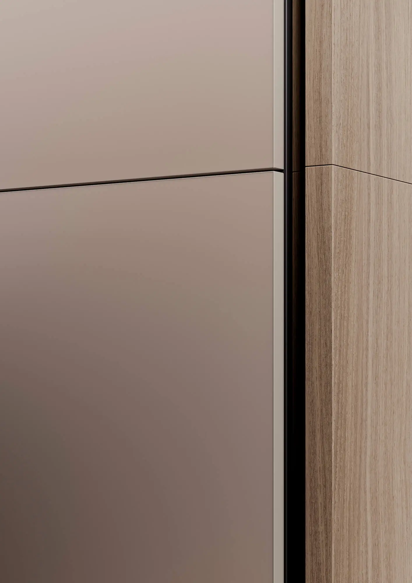 Macro di un frontale grigio mandorla con una precisa fessura d'ombra e un raccordo in legno - superficie acrilica opaca in seta in CGI per LEICHT IDEA.