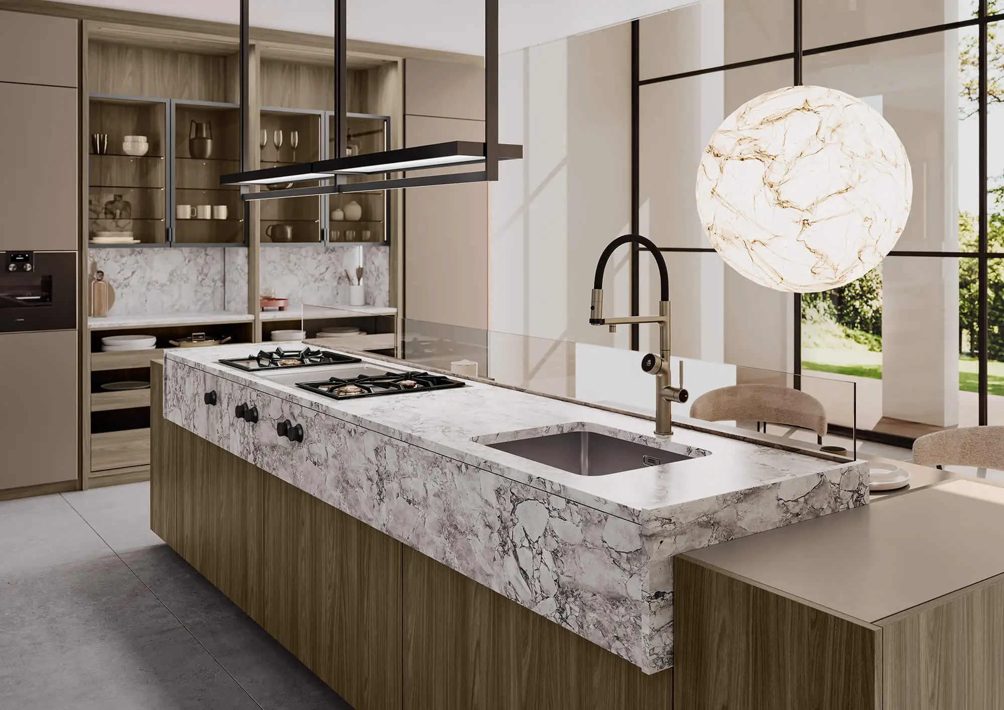 Isola della cucina con aspetto in pietra, lavello e rubinetto incassati; divisorio in vetro e luce sullo sfondo - CGI fotorealistica.