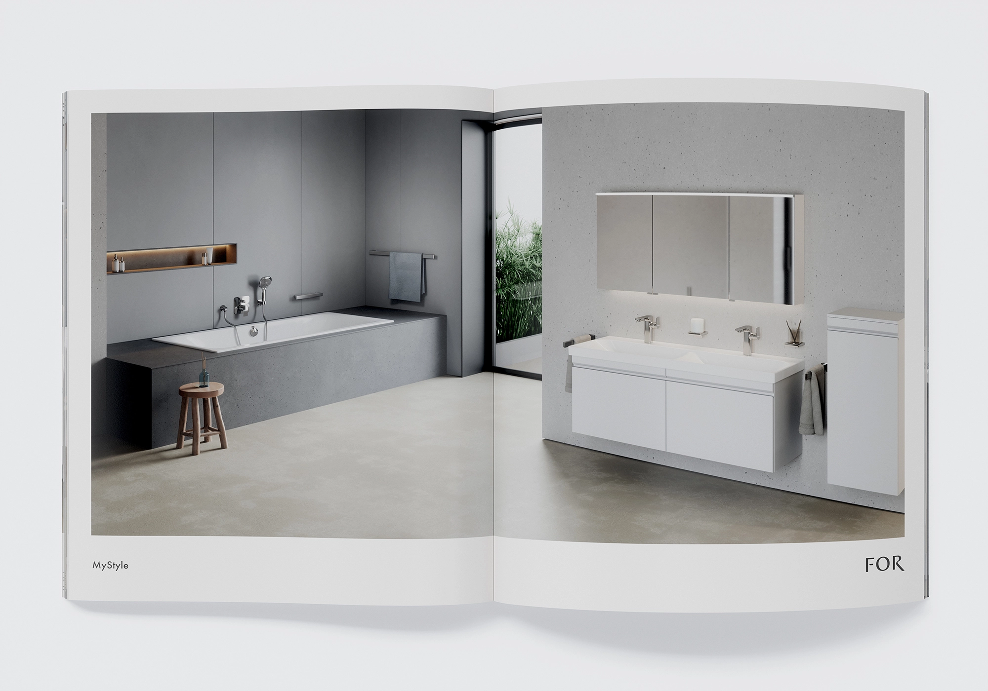 Salle de bain contemporaine en aspect béton avec baignoire encastrée, double lavabo et armoire de toilette éclairée - CGI de haute qualité pour FOR.